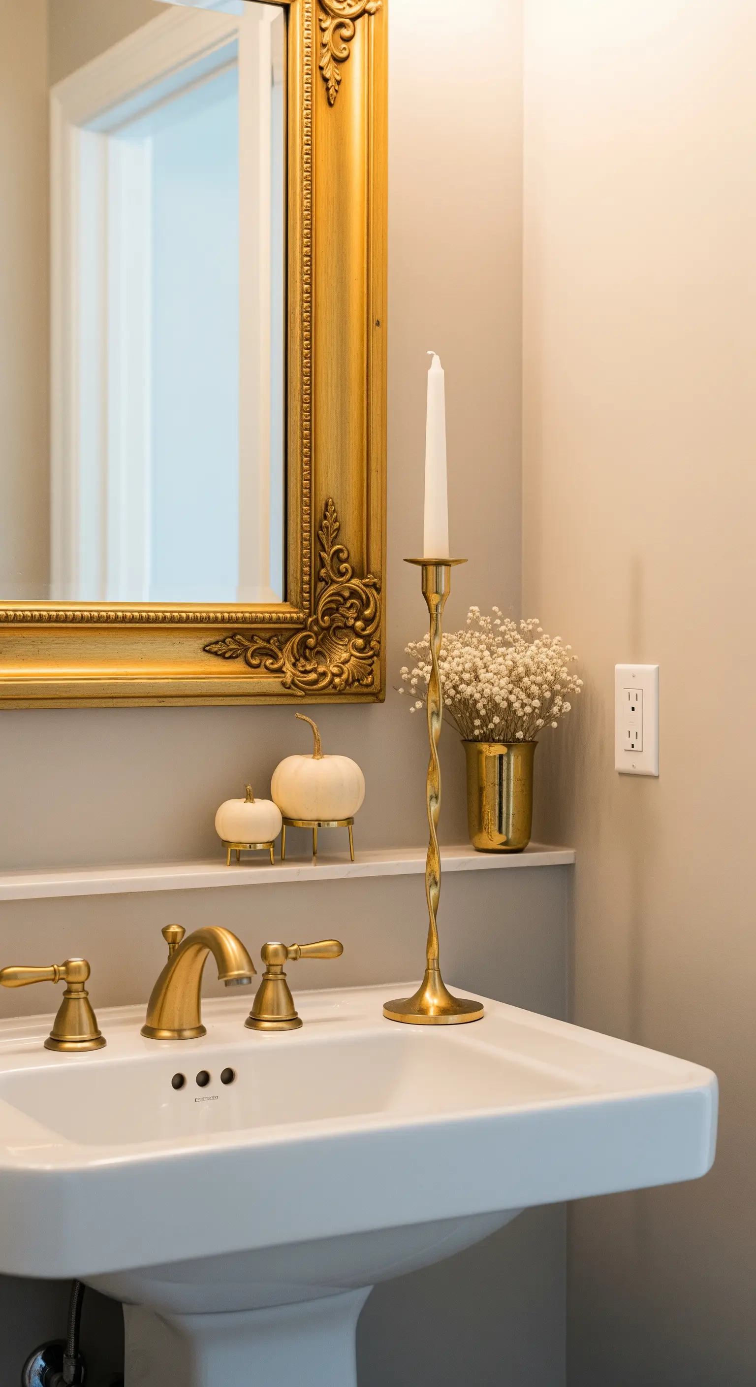 Dettaglio lavabo con specchio dorato, candeliere e piccole zucche