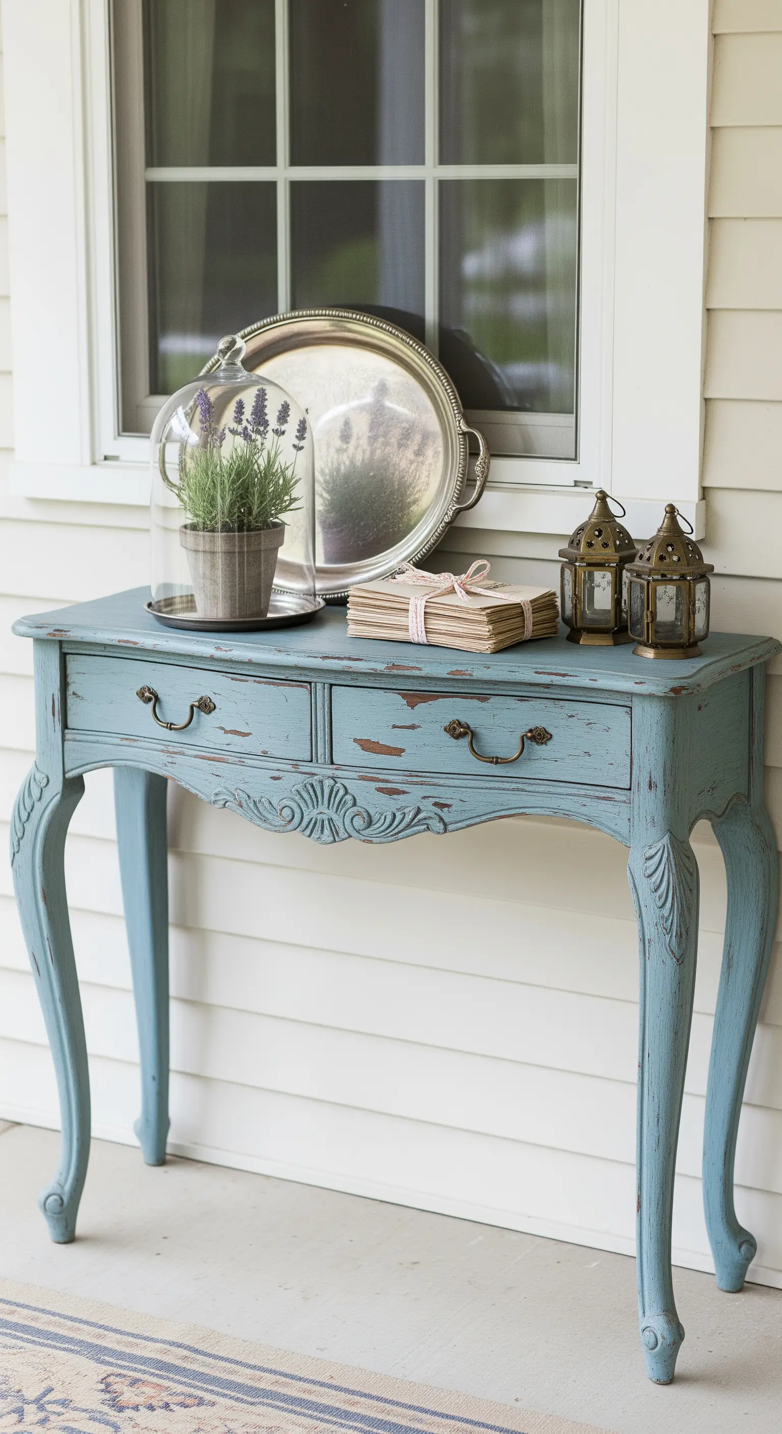 Consolle azzurra decapé con vassoio d'argento, campana di vetro e piccole lanterne.