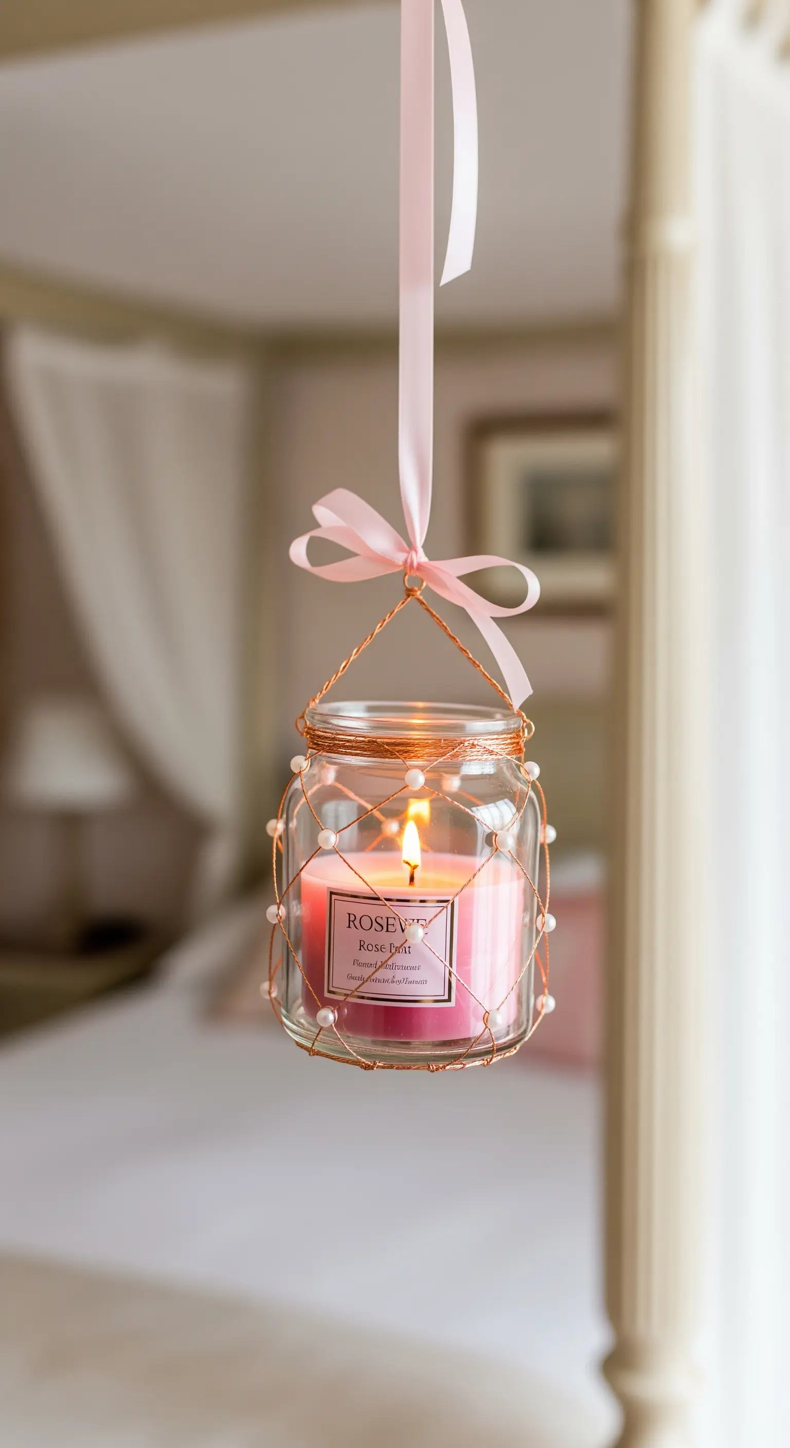Piccolo portacandela in barattolo con filo di rame, perle e un nastro di raso rosa.