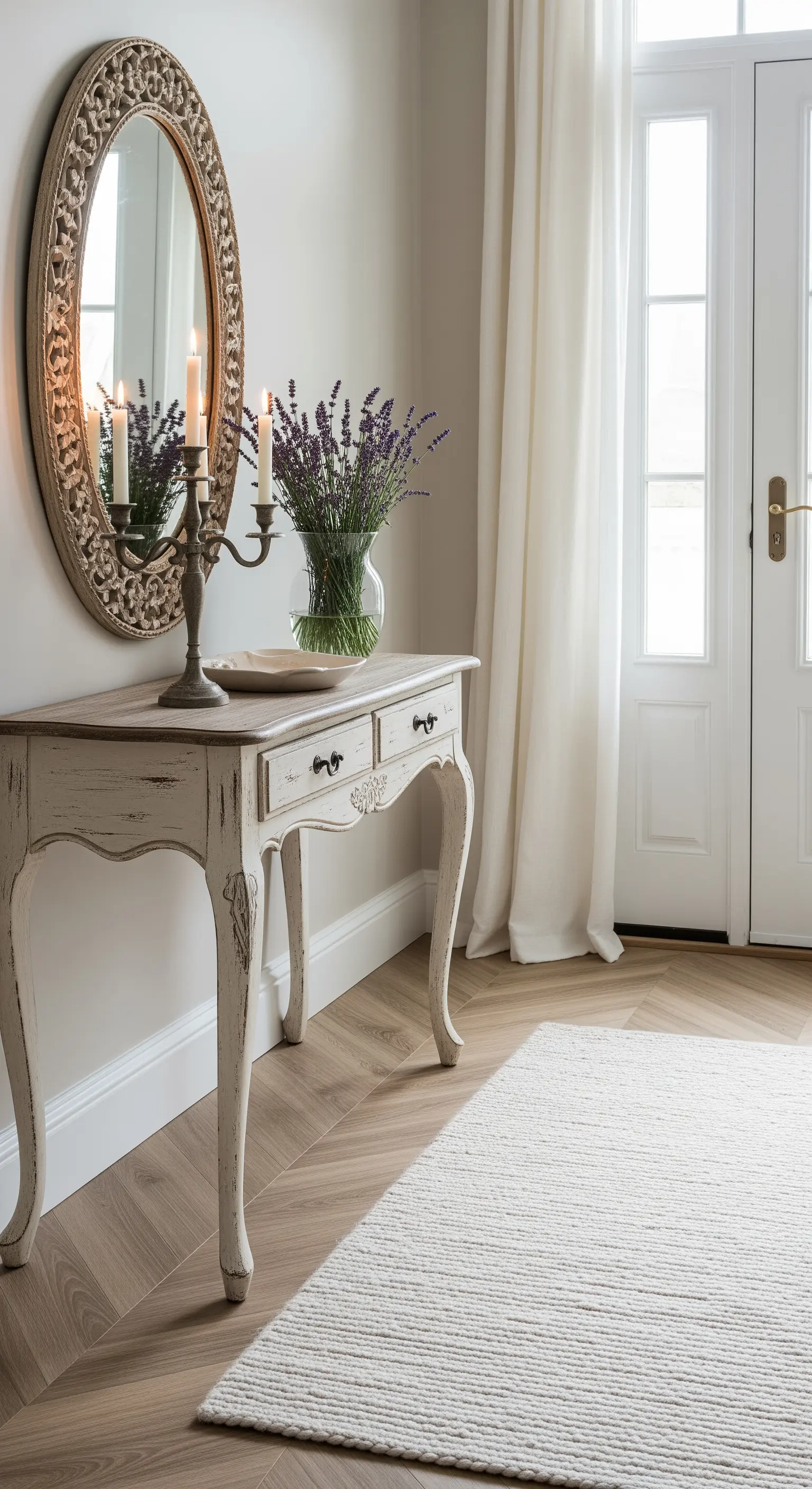 Ingresso in stile shabby chic con consolle bianca decapé, specchio ovale e lavanda.