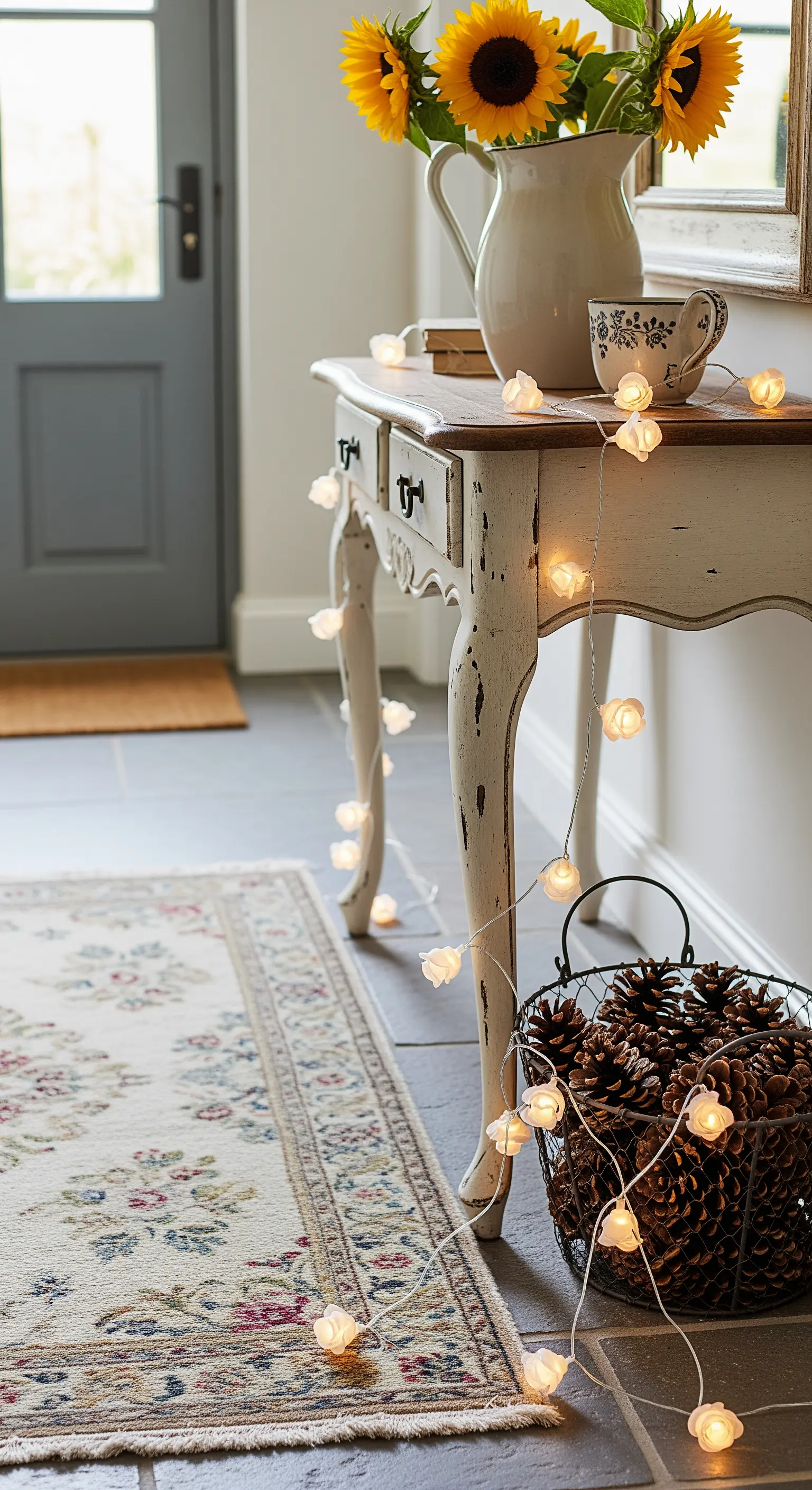 Consolle shabby chic decorata con luci a forma di rosa e un cesto di pigne.