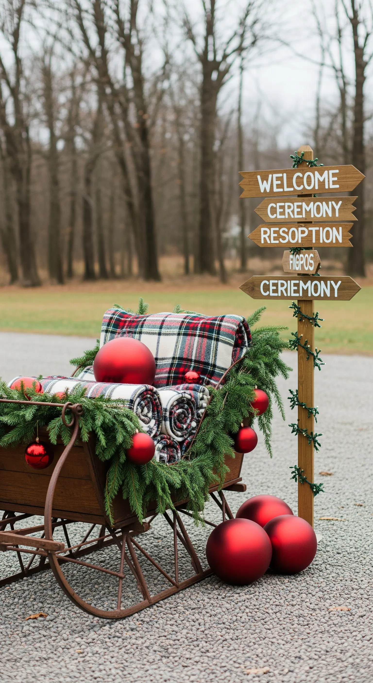 Slitta vintage decorata con coperte scozzesi, palline rosse e verde.