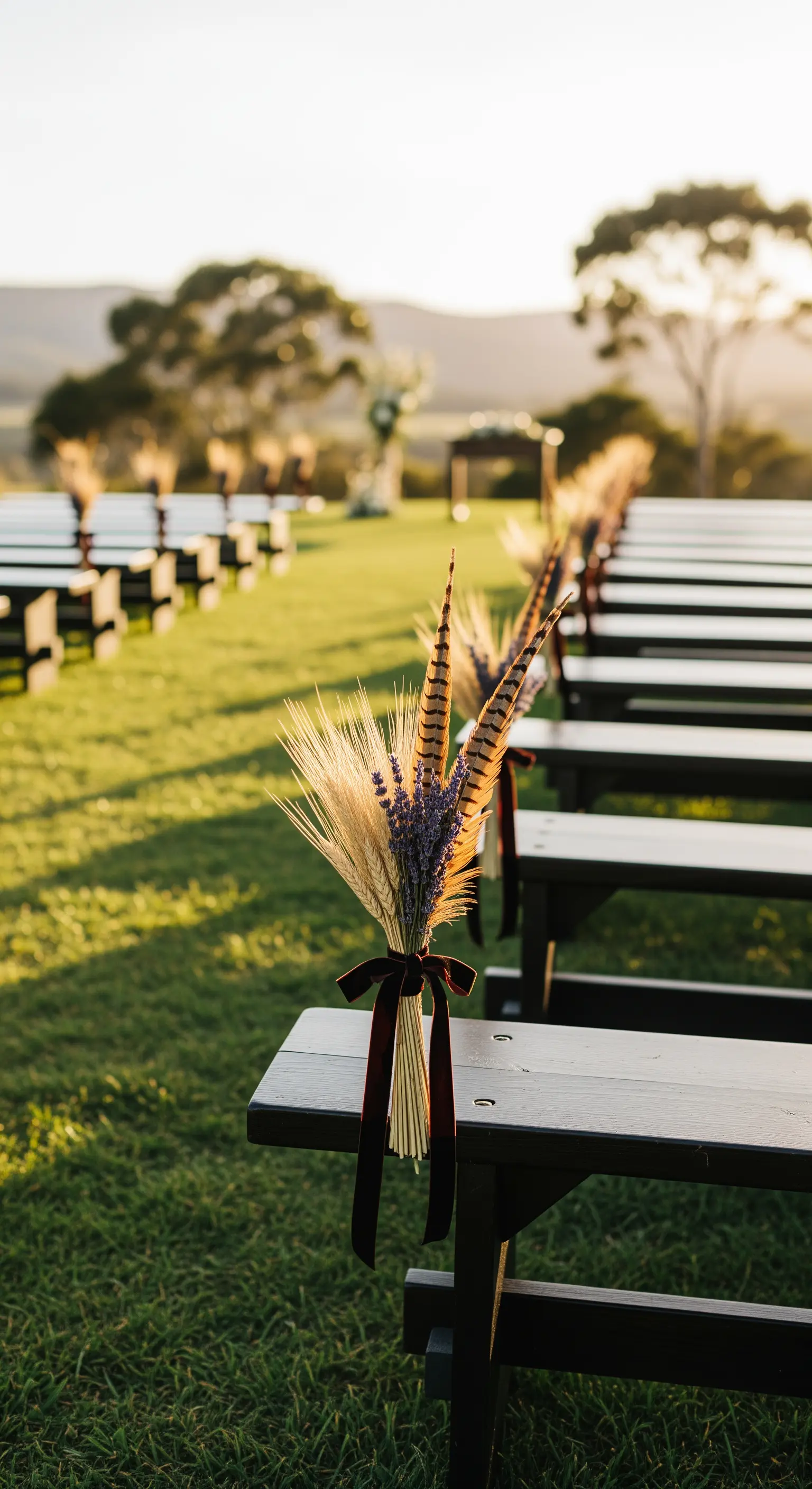 Piccolo bouquet con spighe di grano, lavanda e piume di fagiano legato a un banco di legno.