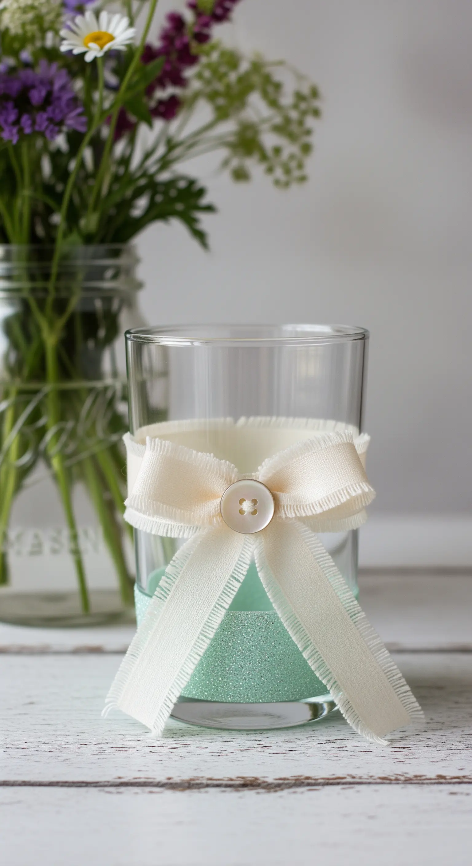 Bicchiere con fascia di glitter verde menta e un fiocco color crema con un bottone.