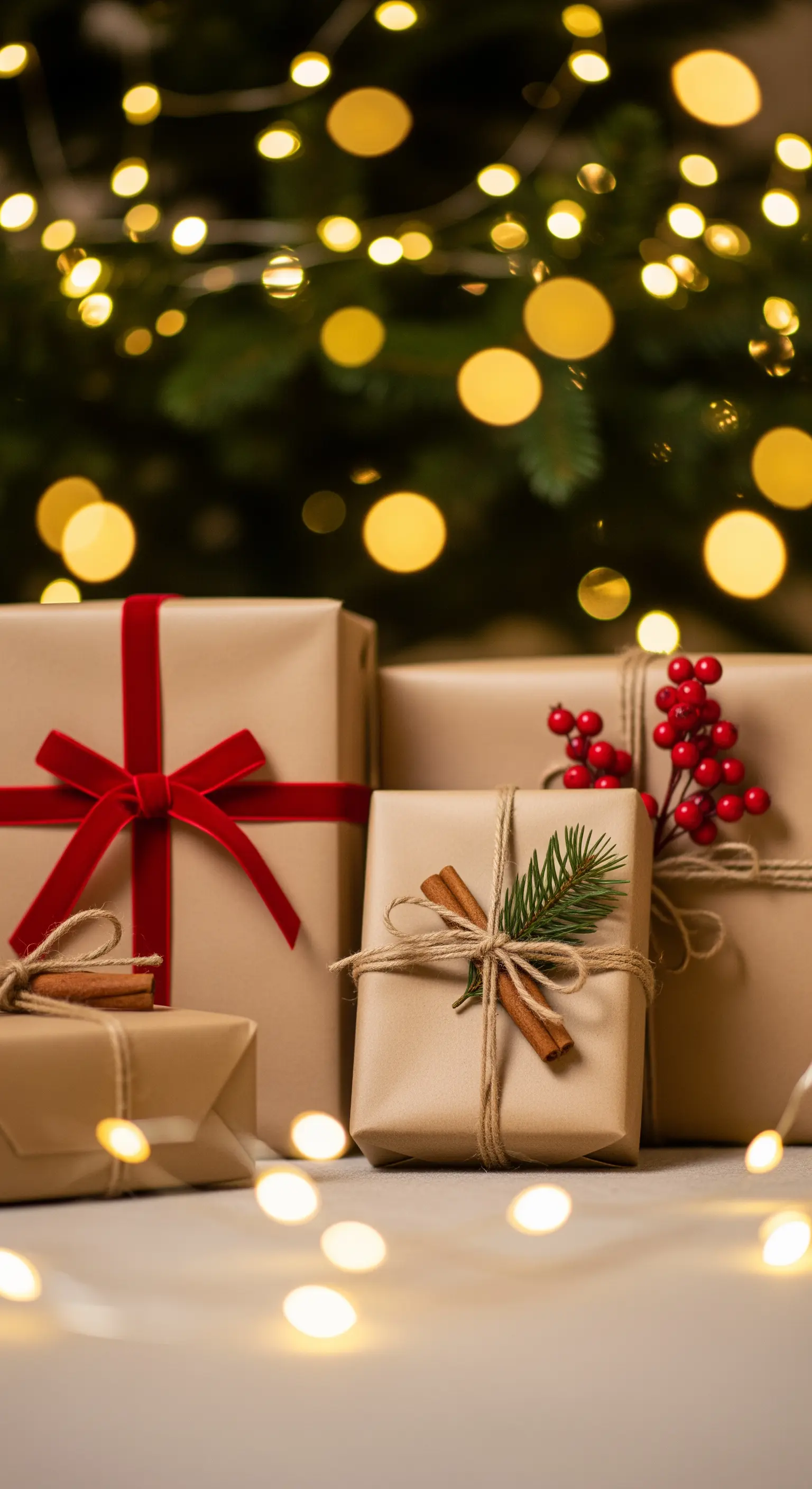 Pacchetti in carta kraft decorati con spago, cannella e bacche rosse, con luci sullo sfondo.