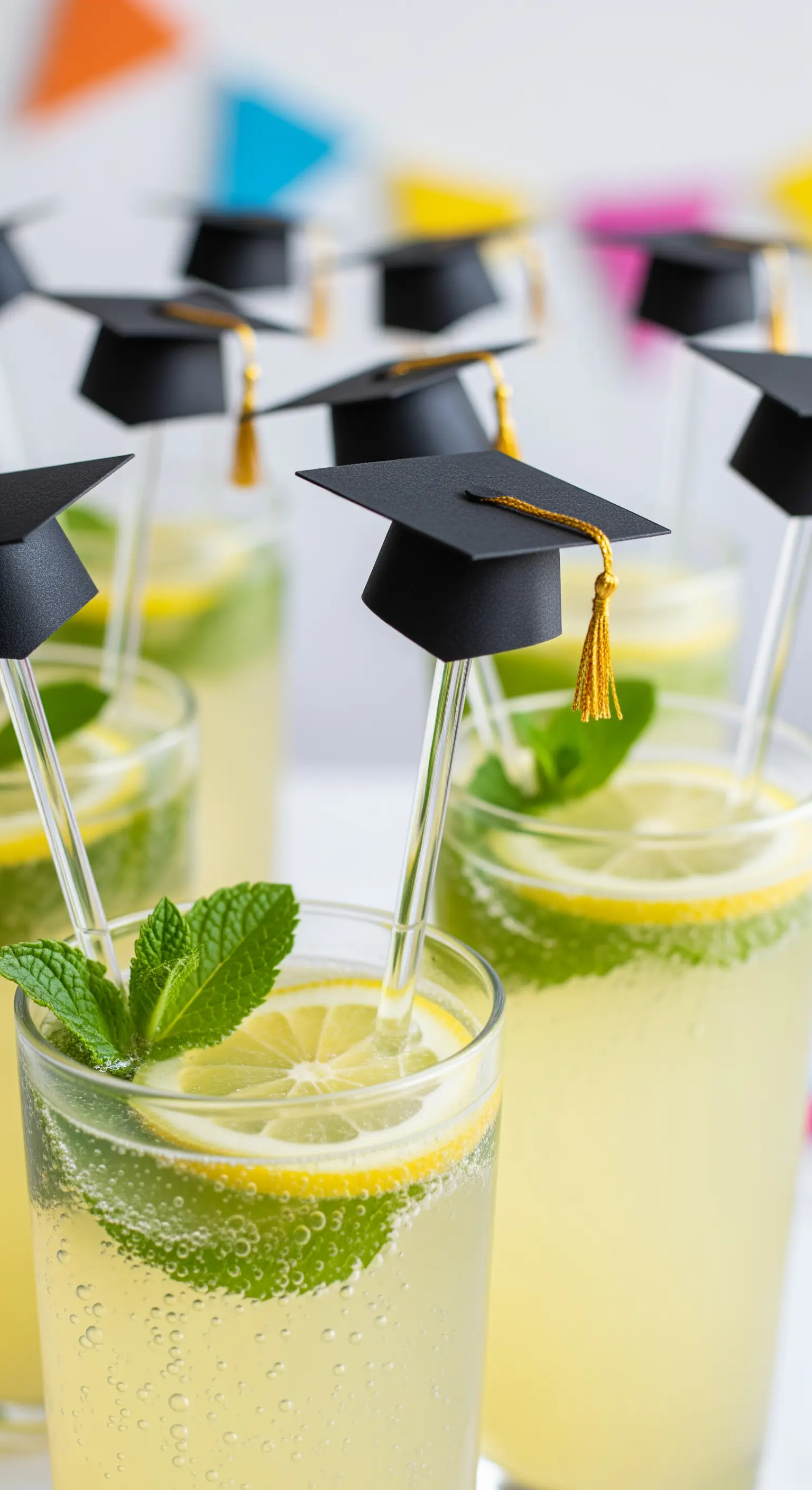 Bicchieri di limonata con cannucce decorate con mini tocchi di laurea fatti a mano