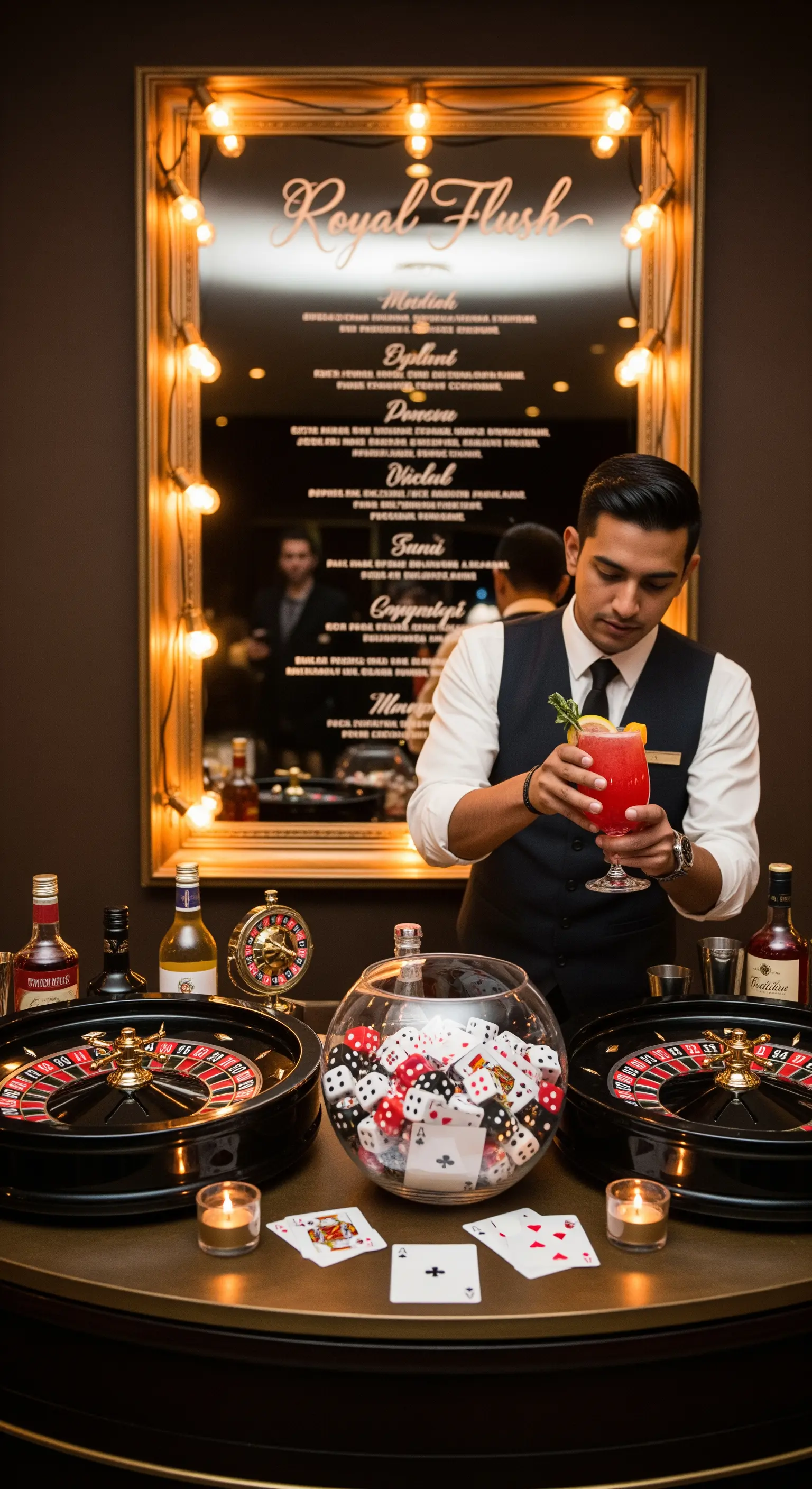 Barman prepara un cocktail su un bancone decorato con roulette, dadi e carte da gioco.