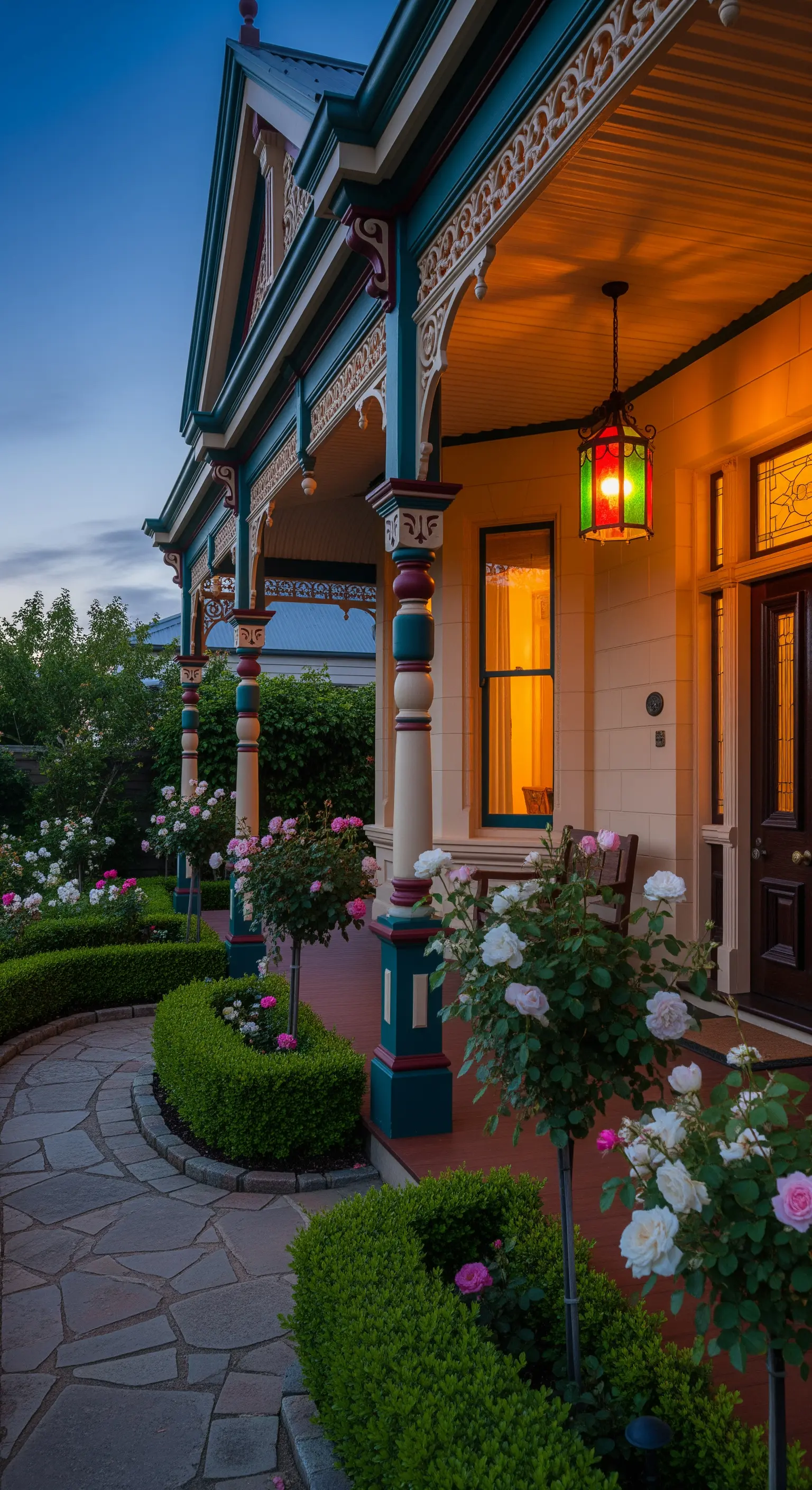 Portico vittoriano con colonne decorate, dettagli colorati e un giardino di rose bianche e rosa