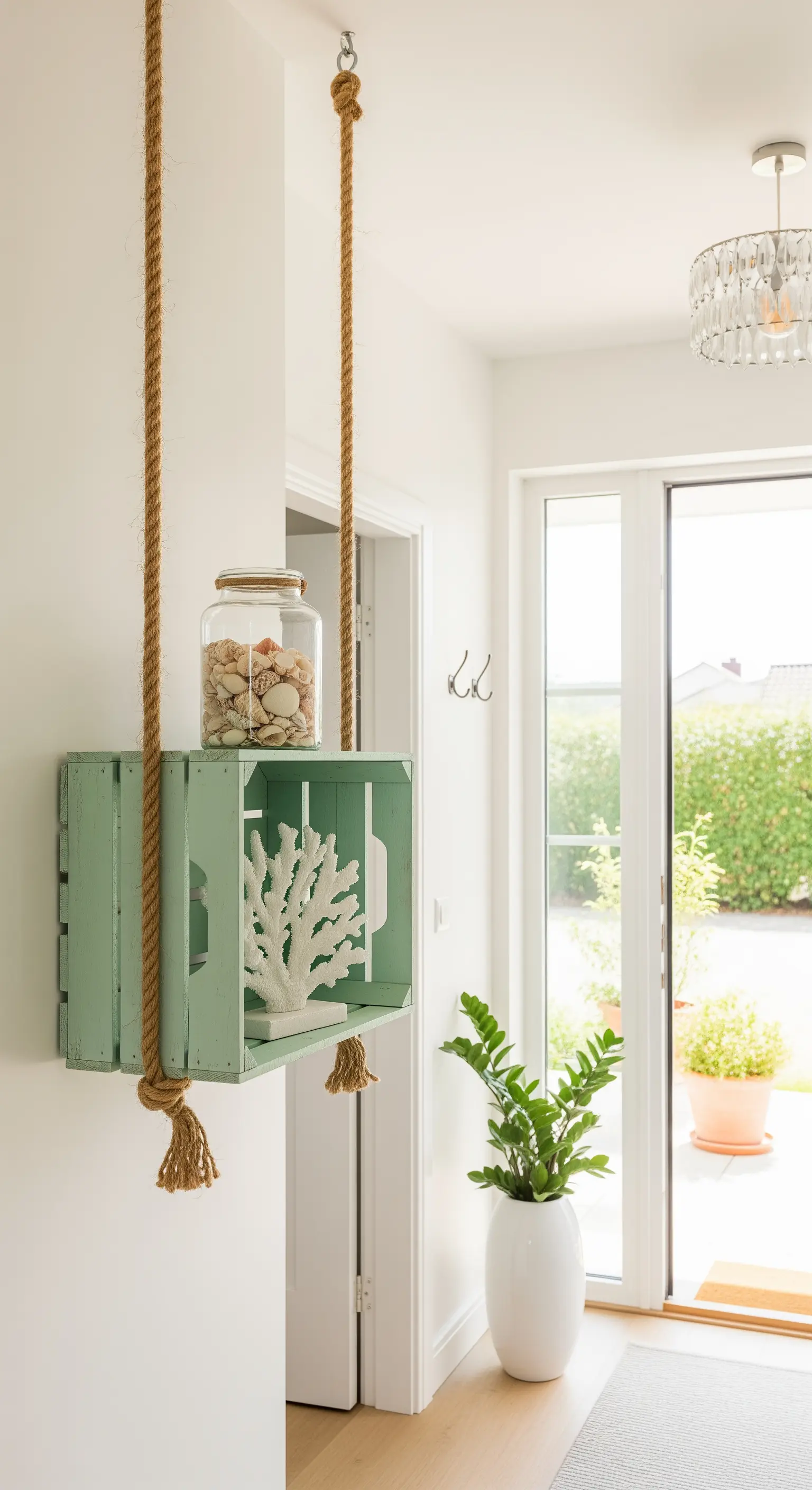 Cassetta di legno verde menta appesa al muro con spesse corde di iuta naturale.