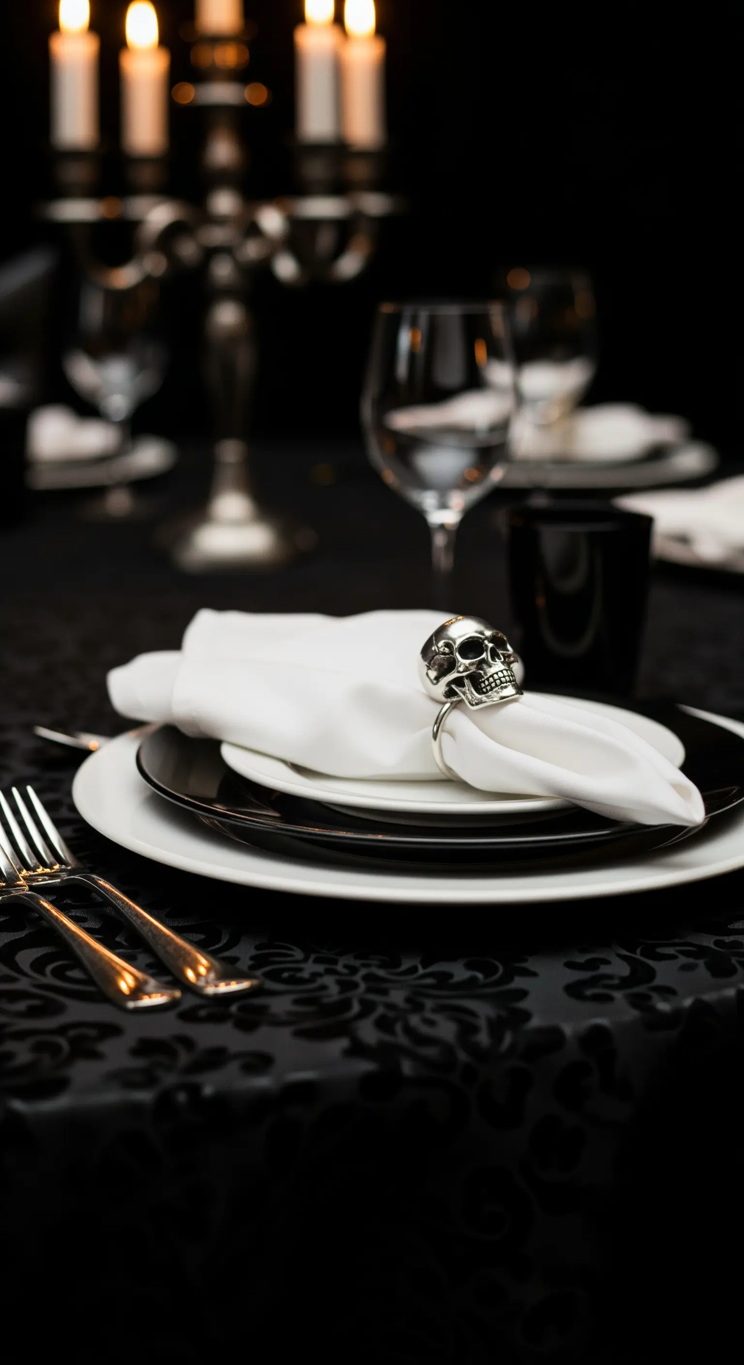 Dettaglio di un tovagliolo bianco tenuto da un portatovagliolo a forma di teschio d'argento.