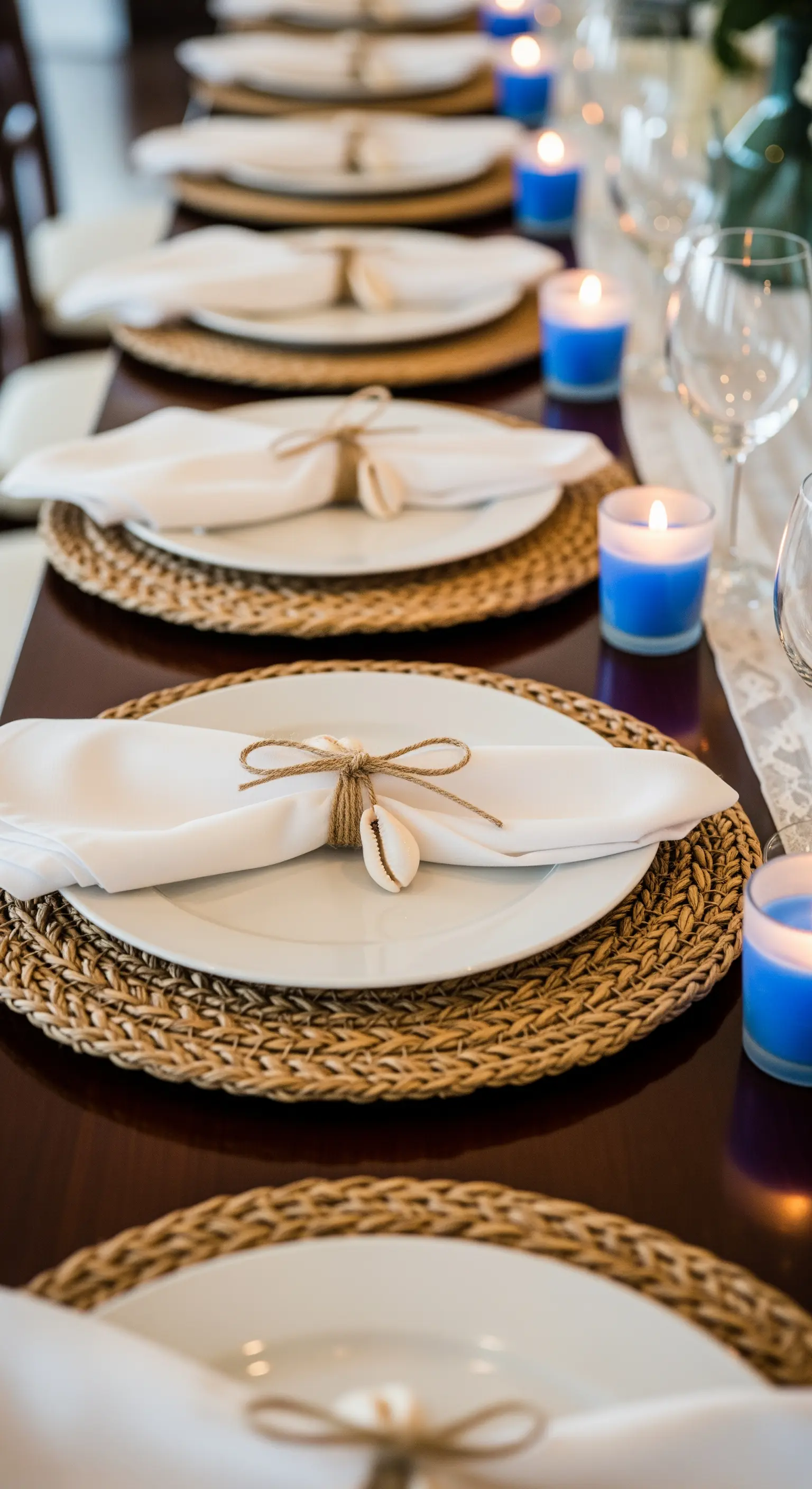 Segnaposto con tovagliolo legato con spago e conchiglia su sottopiatto intrecciato