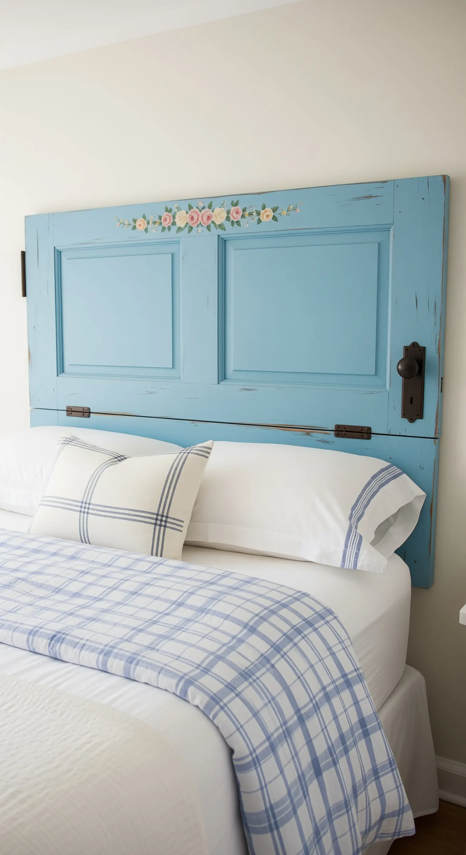 Porta azzurra usata come testiera orizzontale, con una piccola decorazione floreale dipinta a mano.