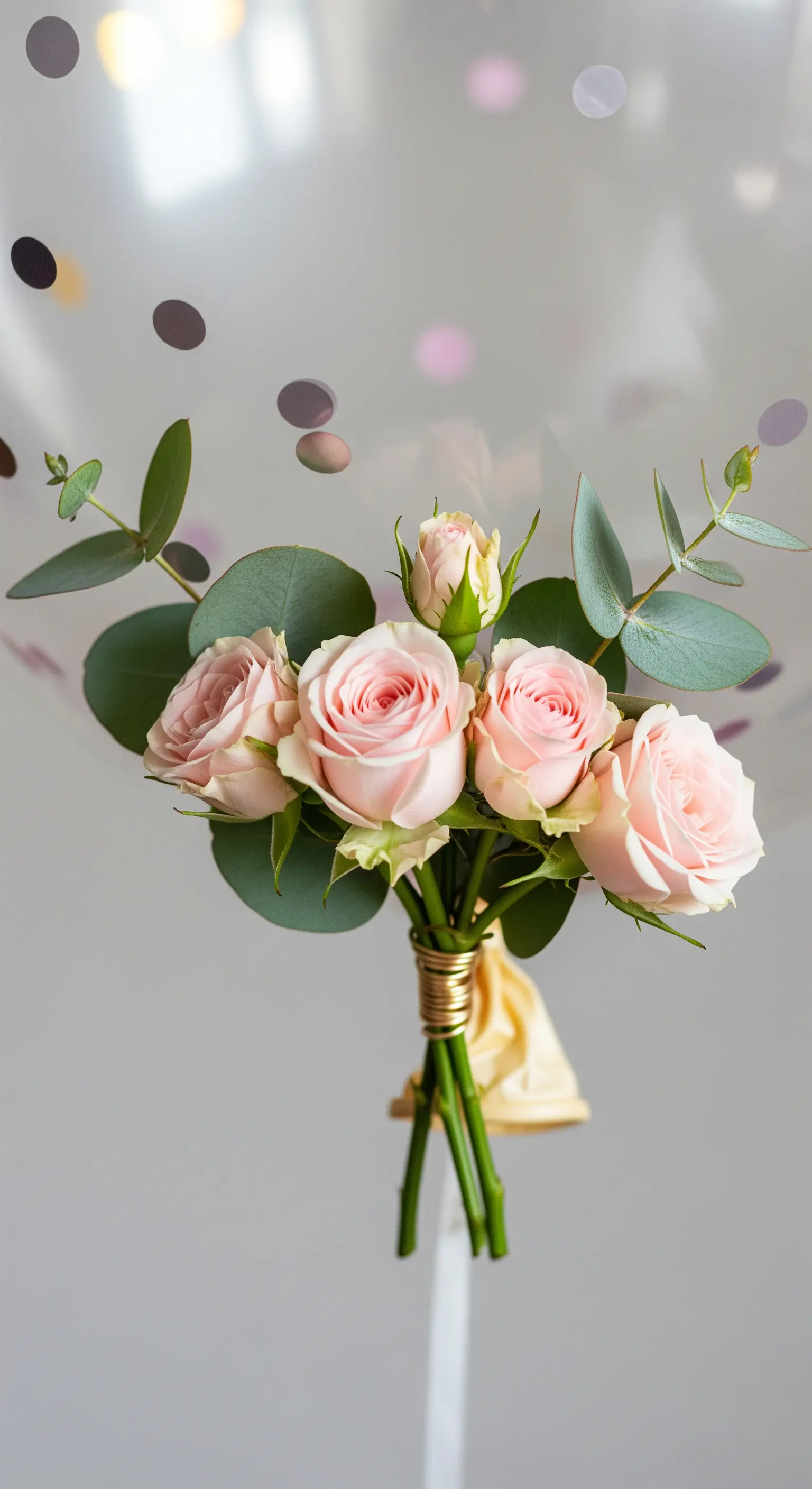 Palloncino trasparente con coriandoli e un piccolo bouquet di rose rosa legato alla base.