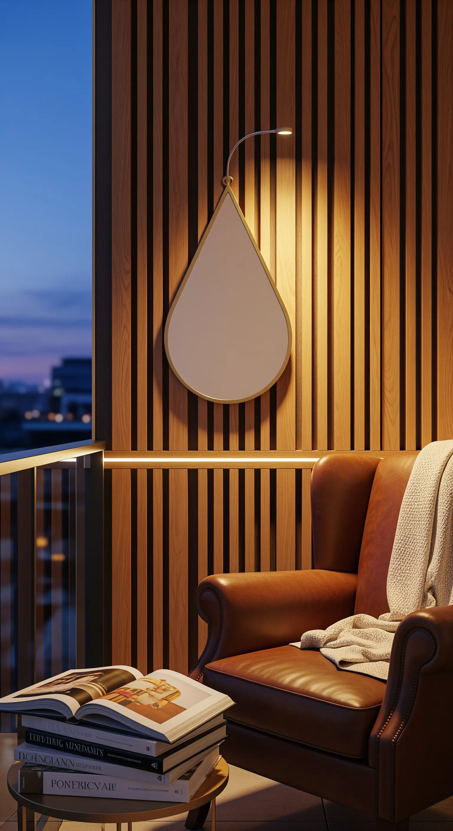 Specchio a forma di goccia appeso a una parete di listelli di legno, con poltrona in pelle.