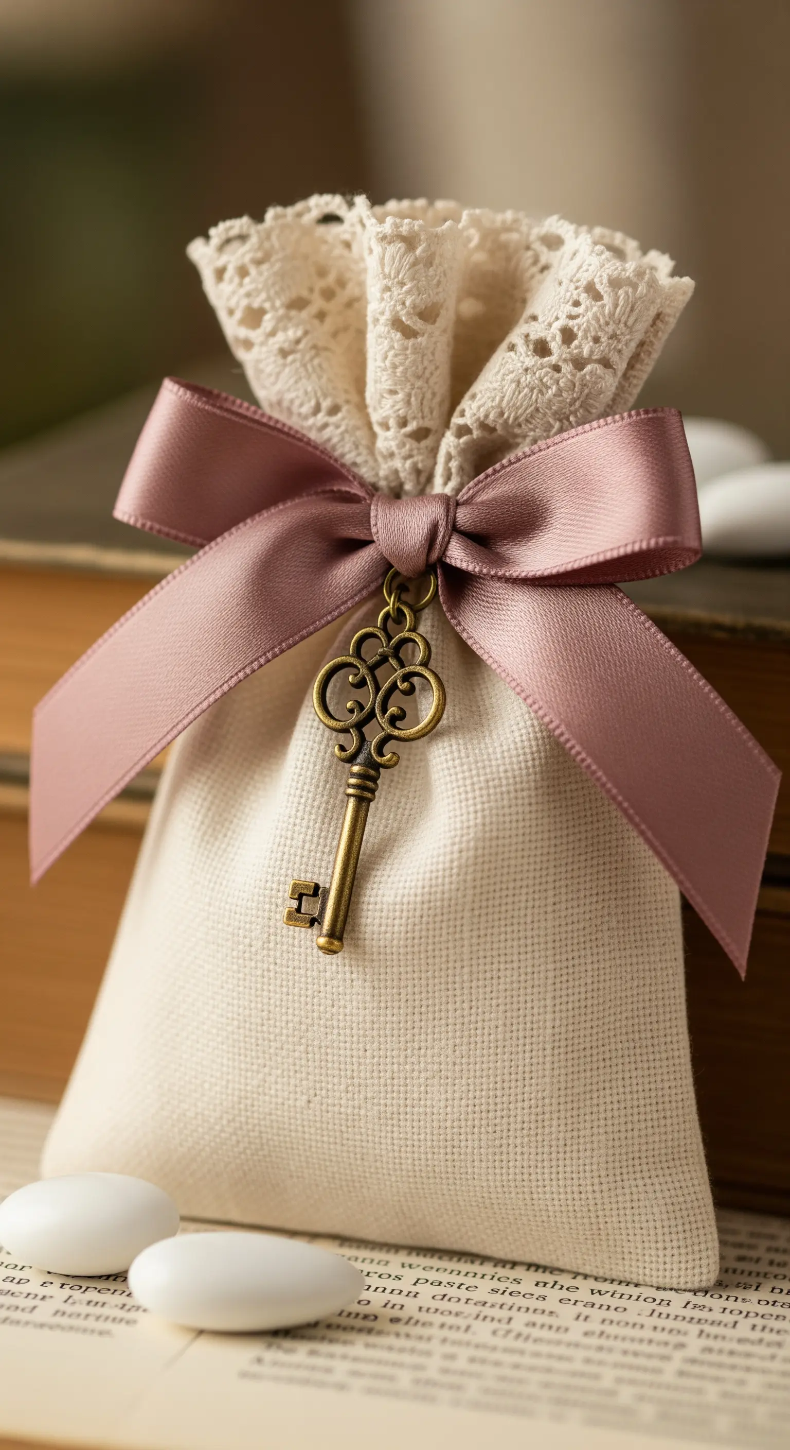 Bomboniera in lino bianco con bordo in pizzo, nastro rosa antico e ciondolo a forma di chiave vintage.