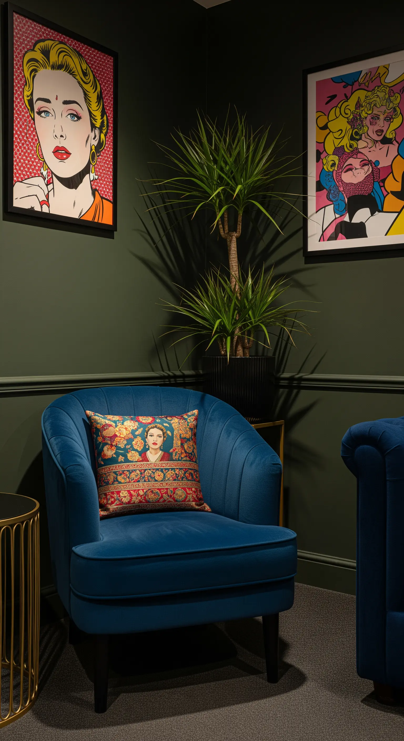 Poltrona in velluto blu in un angolo con pareti verdi scure, quadri Pop Art e un cuscino di Frida Kahlo.
