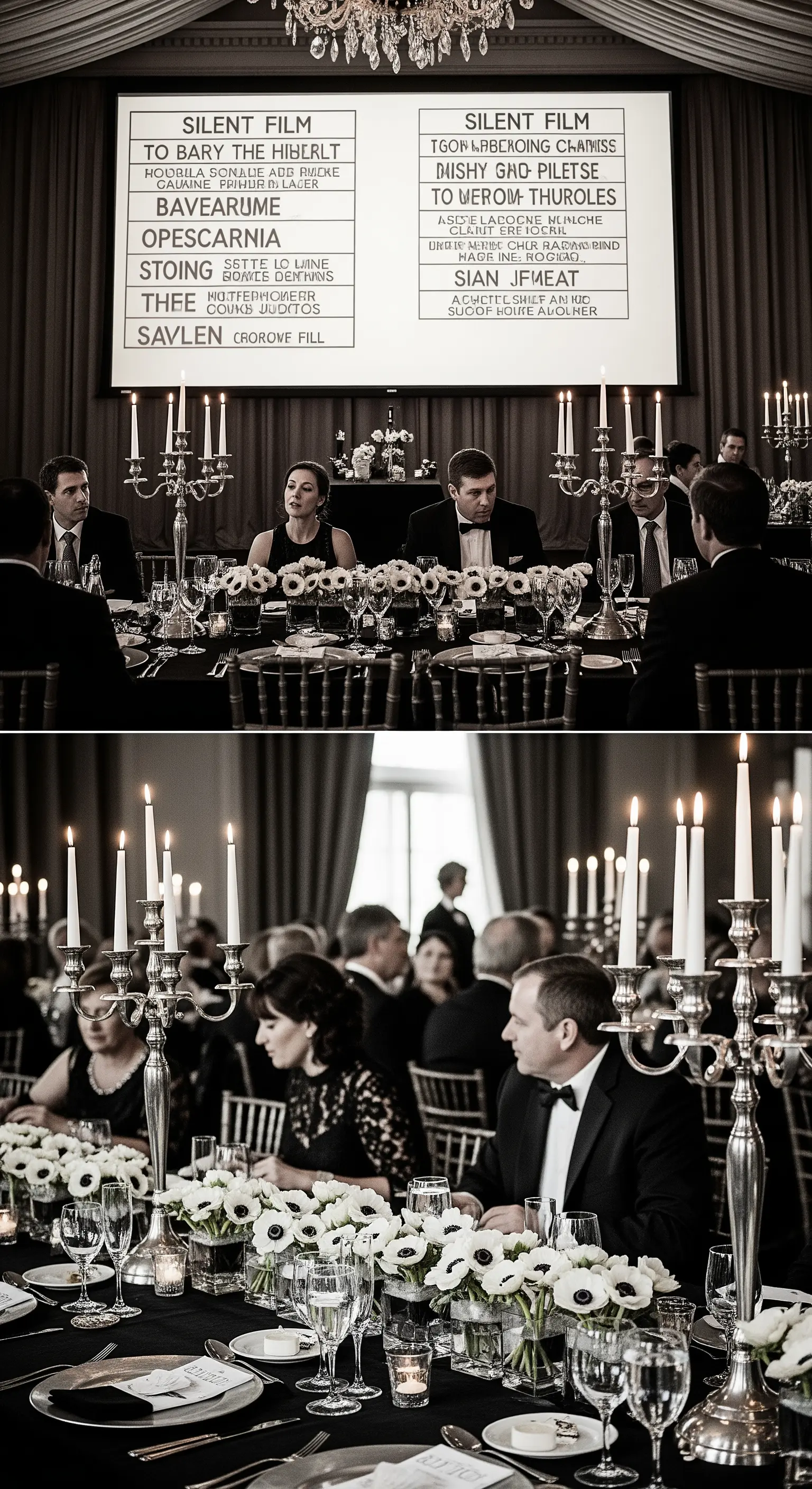 Tavolata elegante in bianco e nero con candelabri, ispirata al cinema muto