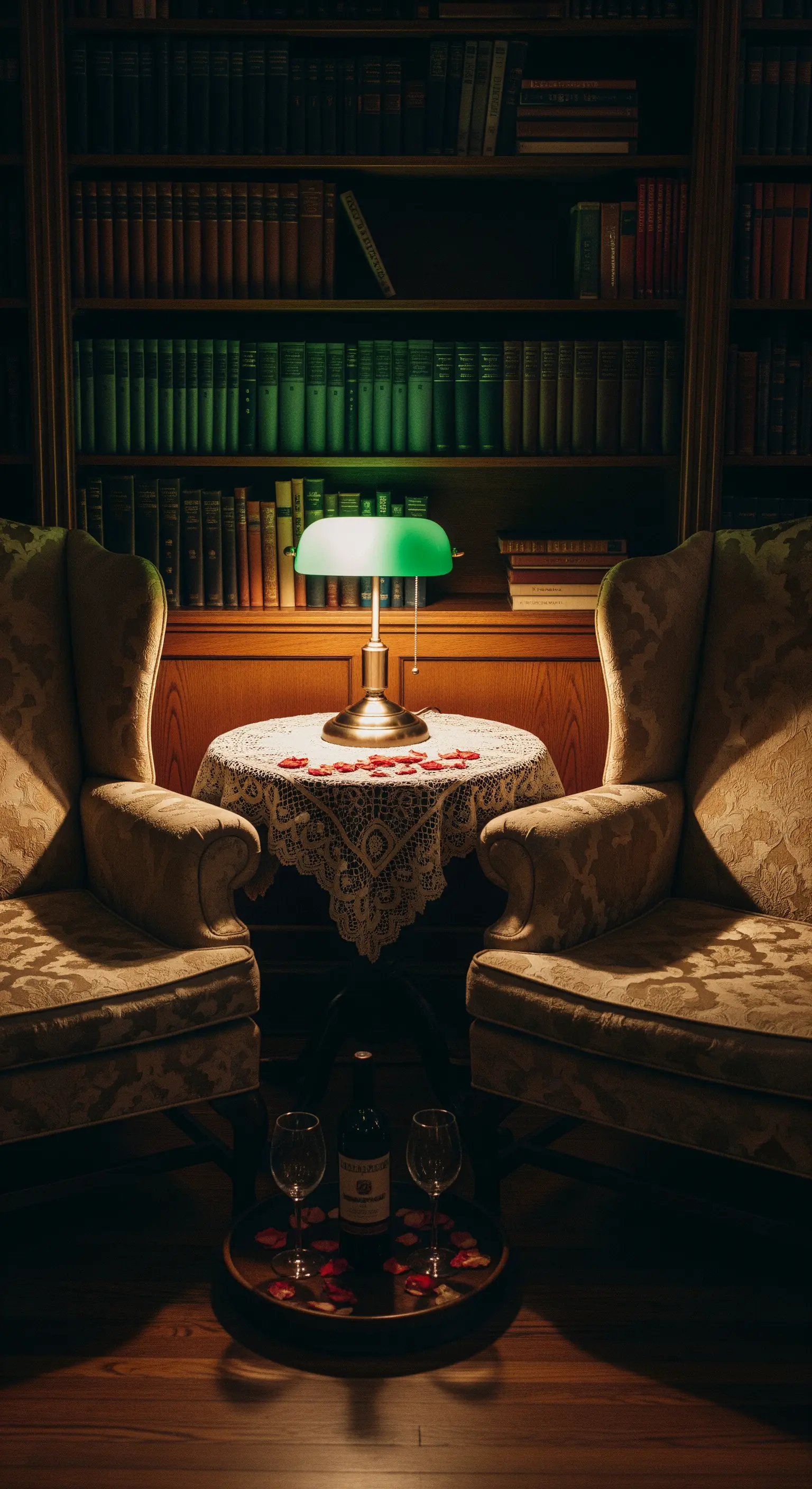 Angolo lettura intimo con due poltrone damascate, lampada verde e un calice di vino.