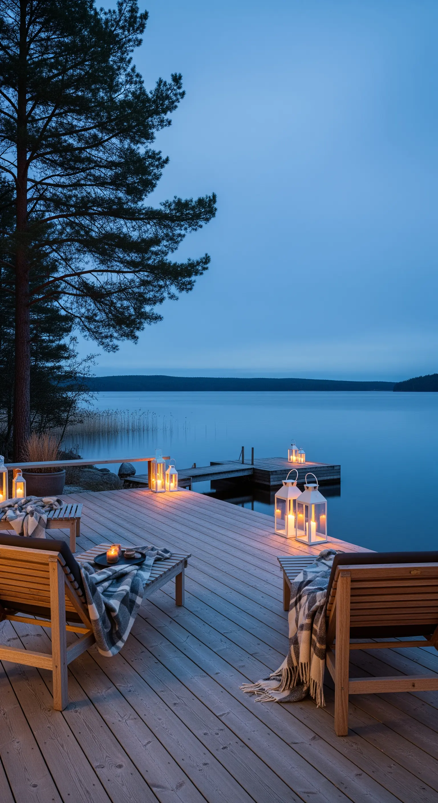Pontile in legno sul lago con lettini, plaid e lanterne al tramonto.