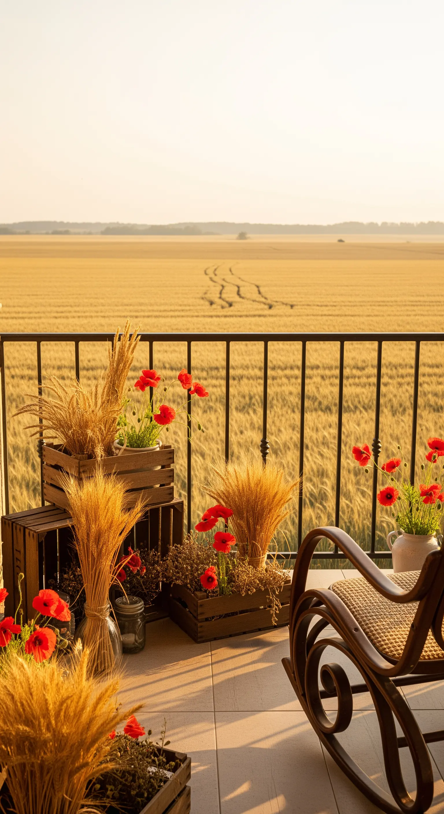Balcone con vista su un campo di grano, decorato con cassette di legno con papaveri e spighe.