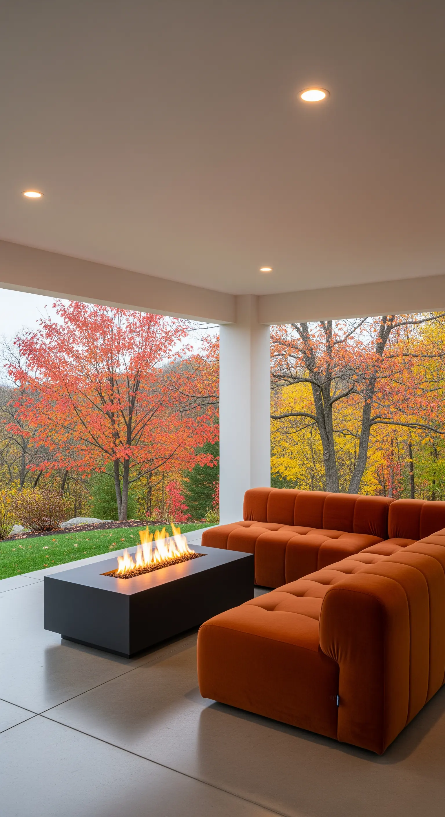 Portico aperto su un bosco autunnale con divano arancione e braciere nero moderno