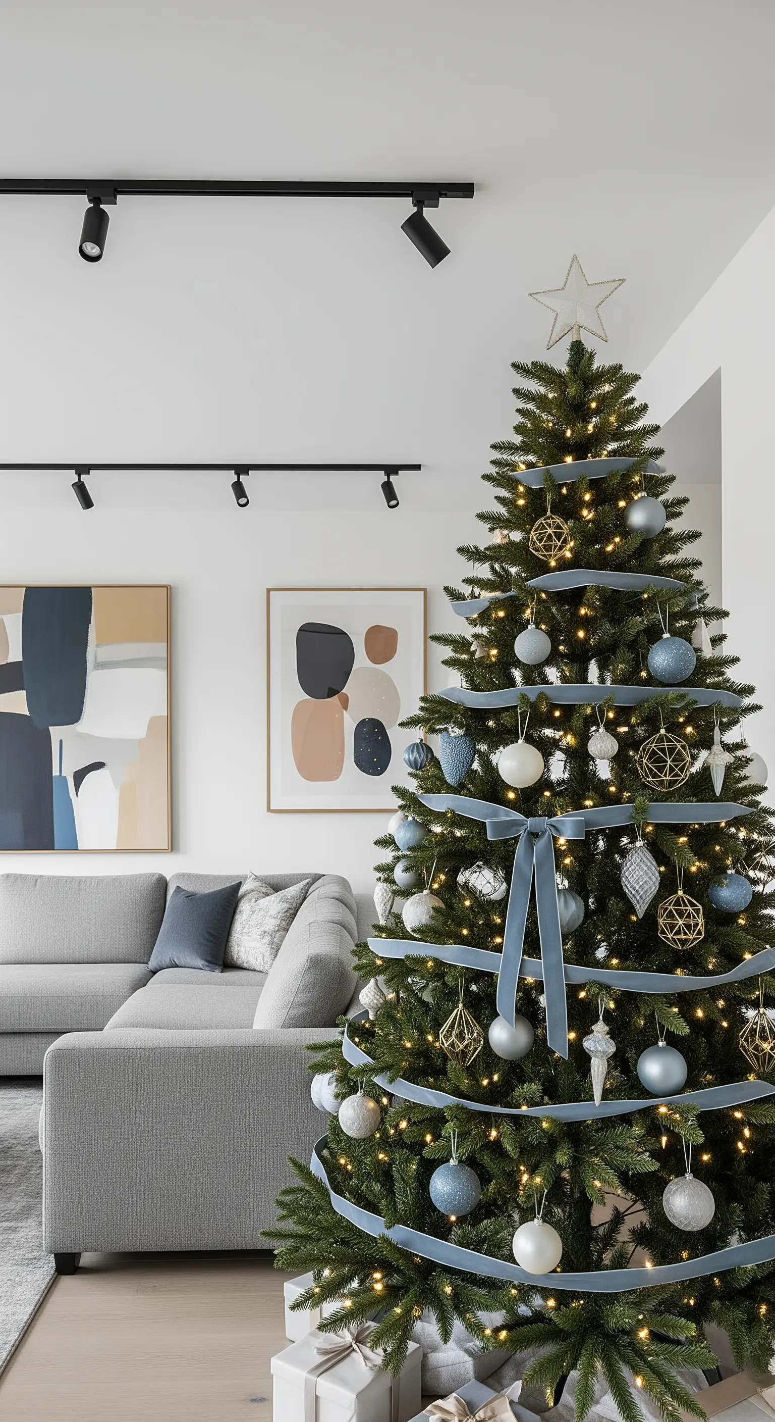 Albero di Natale con nastro blu-grigio che si abbina ai quadri astratti sulla parete