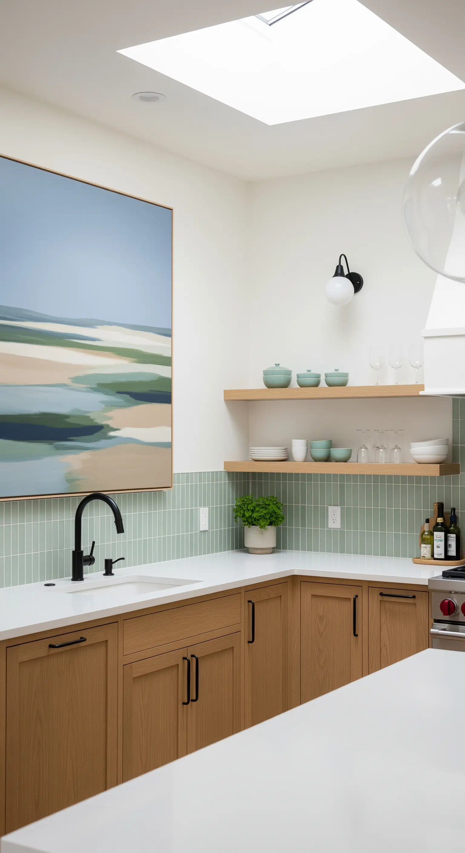 Cucina in legno chiaro con piastrelle verde salvia e un quadro paesaggistico coordinato.