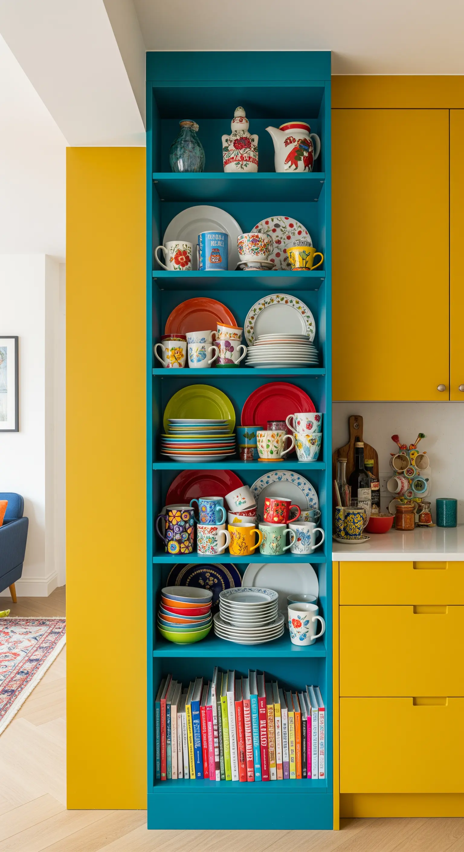 Libreria blu elettrico accanto a mobili da cucina gialli, con stoviglie colorate.