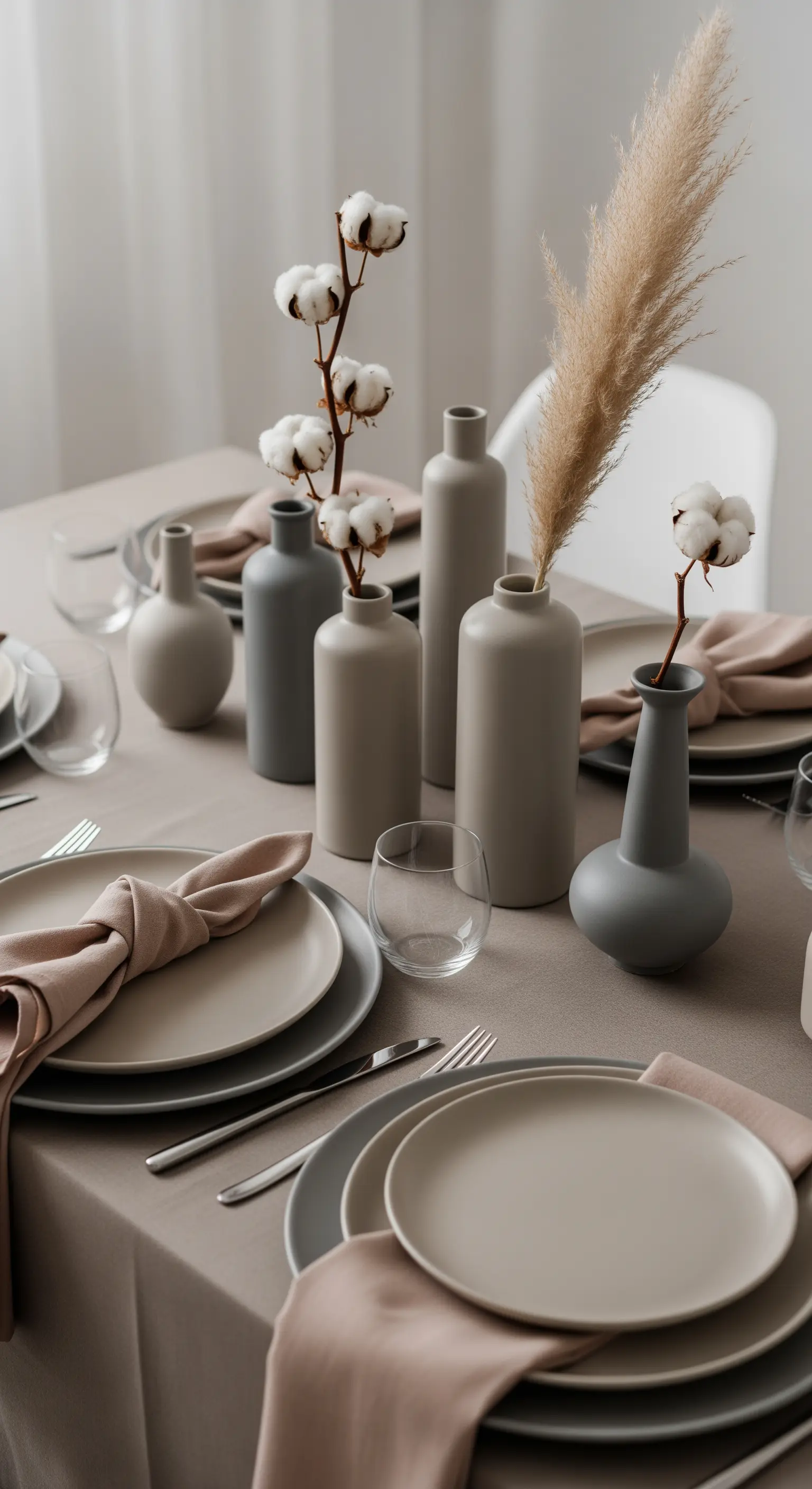 Centrotavola composto da vasi di diverse forme in toni neutri, con fiori di cotone e pampas.