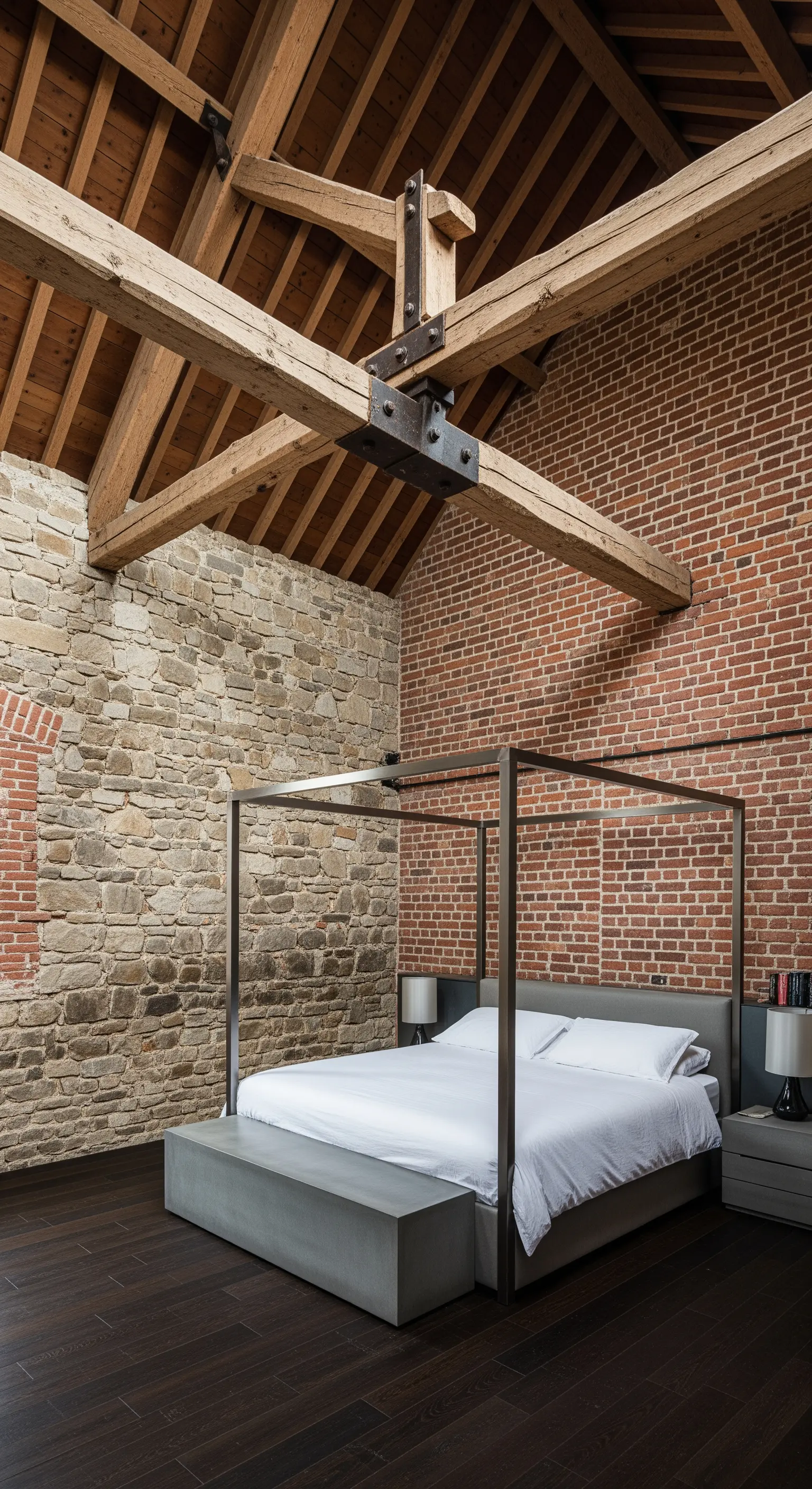 Camera da letto industriale con pareti in pietra e mattoni e un letto a baldacchino in metallo.