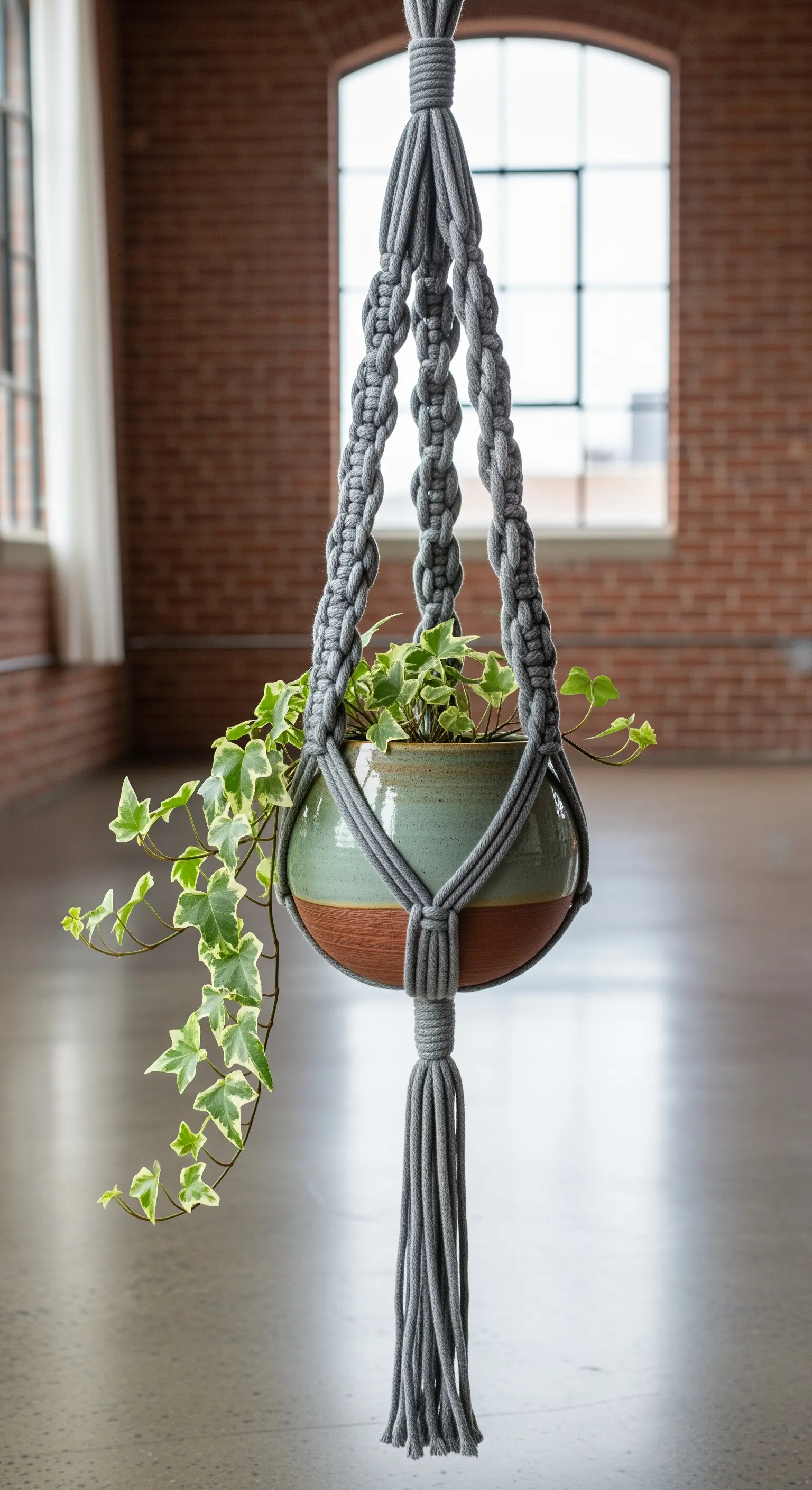 Portavasi in macramè grigio con nodi complessi, che sostiene un vaso in ceramica bicolore.