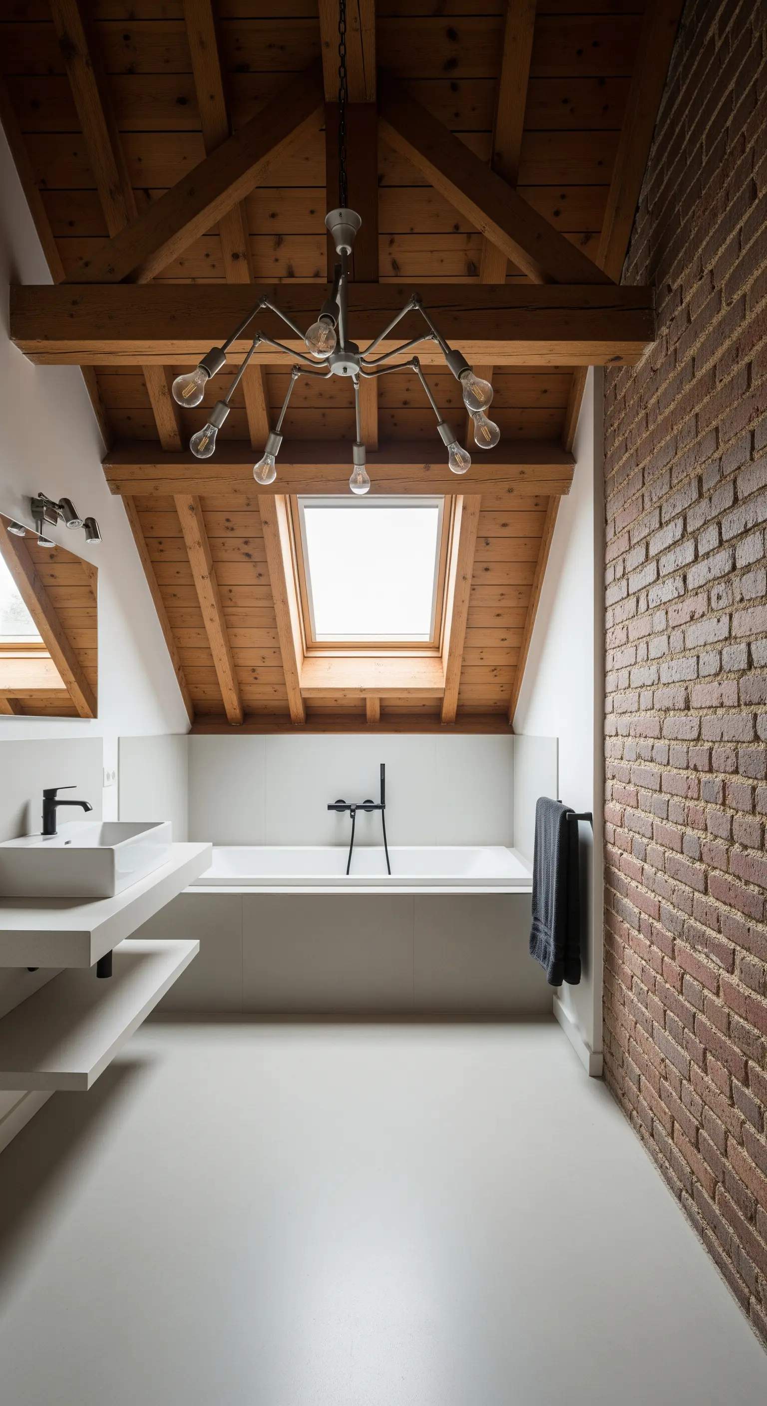 Bagno in mansarda con soffitto in legno, travi a vista e parete in mattoni.