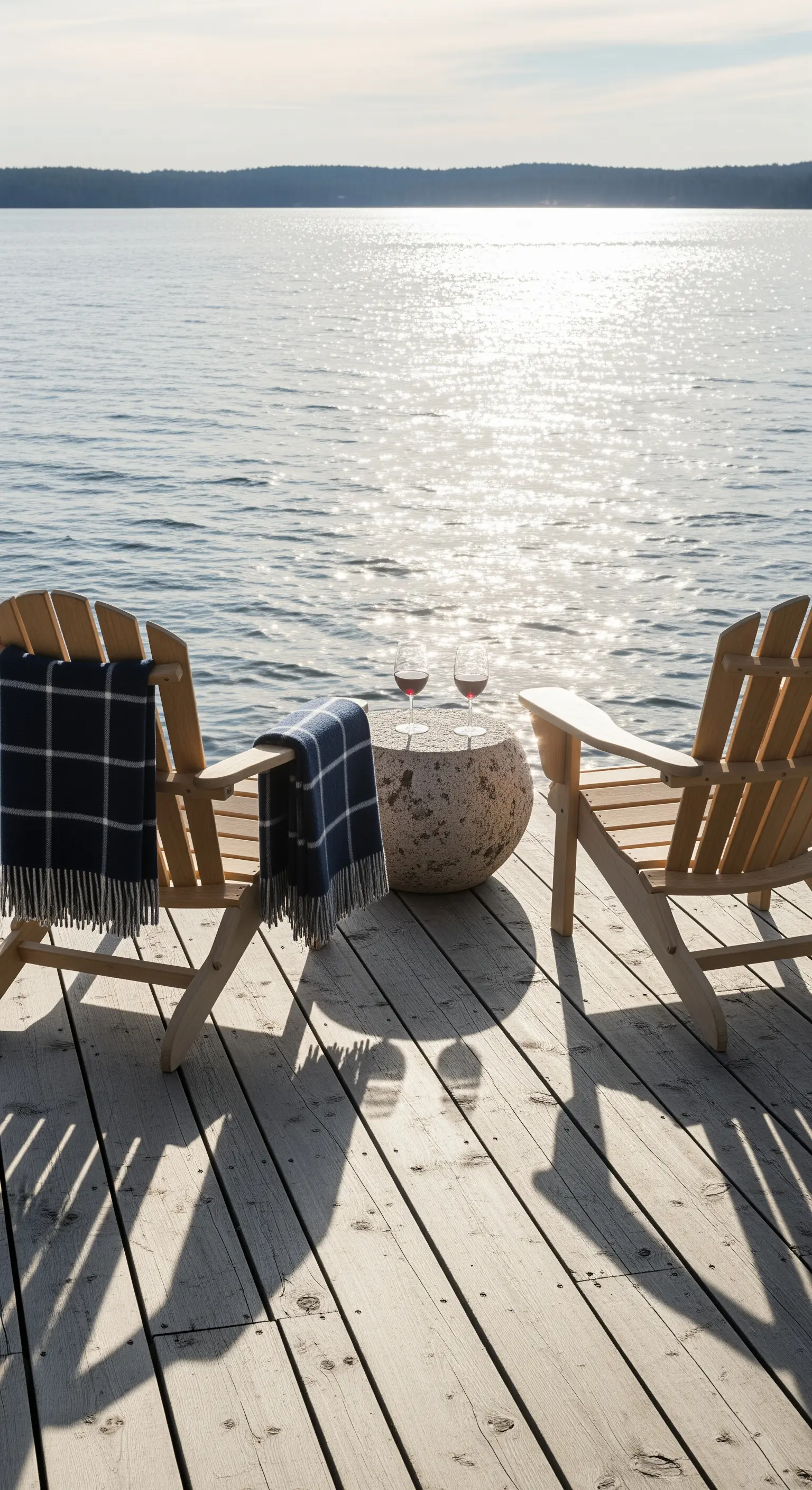 Pontile in legno con due sedie Adirondack, plaid e vista sul lago al tramonto.