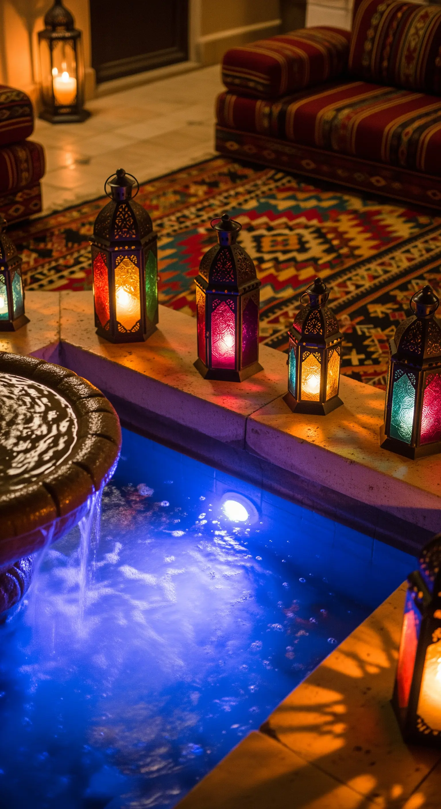 Lanterne marocchine colorate sul bordo di una fontana illuminata di blu.