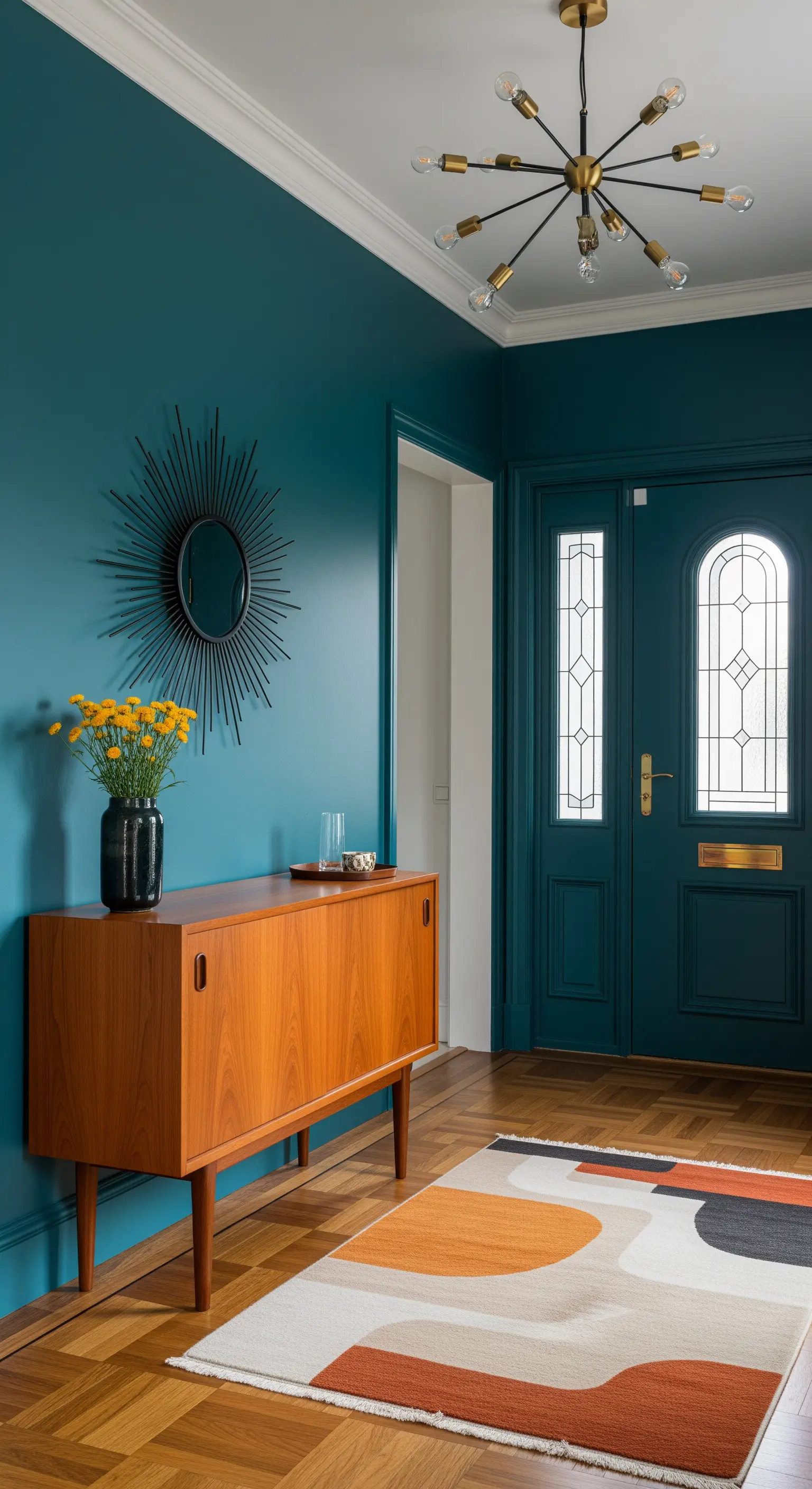 Ingresso con pareti color ottanio, credenza in legno e tappeto con forme astratte.