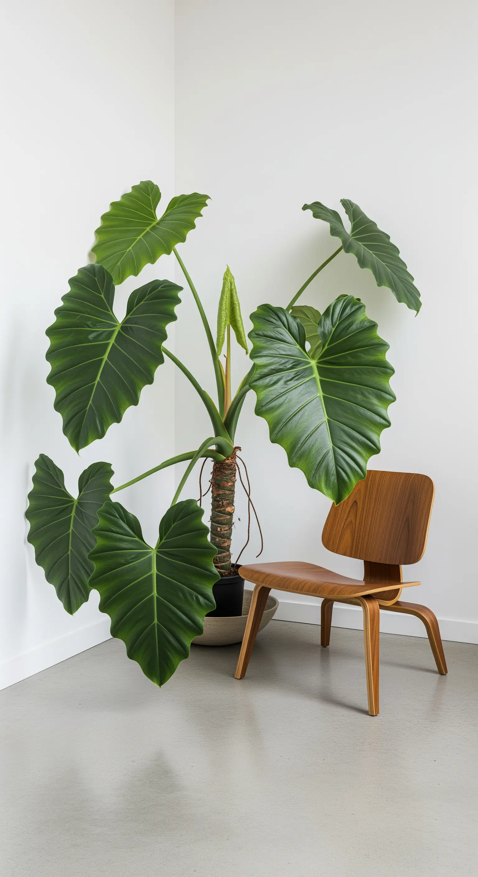 Sedia di design in legno curvato accanto a una grande pianta di Filodendro in un angolo bianco.