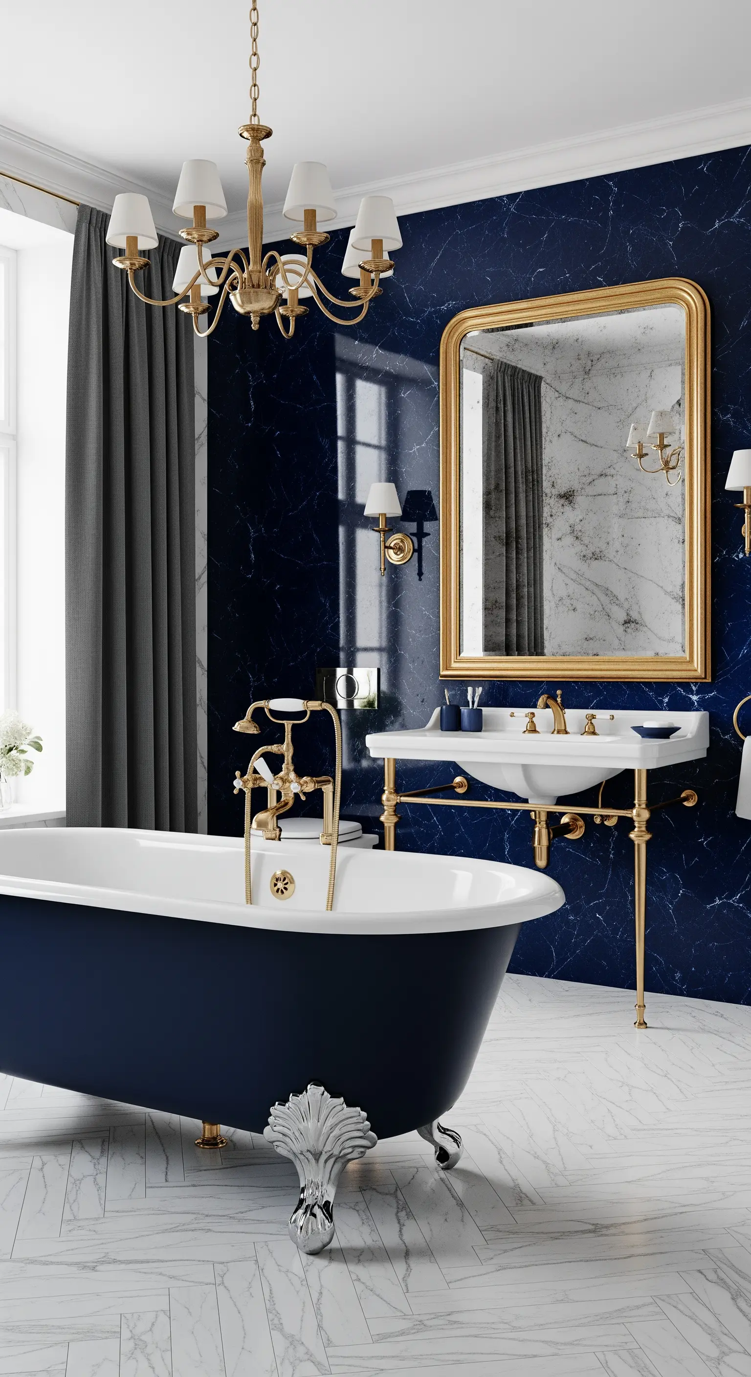 Bagno classico con vasca freestanding blu, parete in marmo scuro e lampadario dorato.