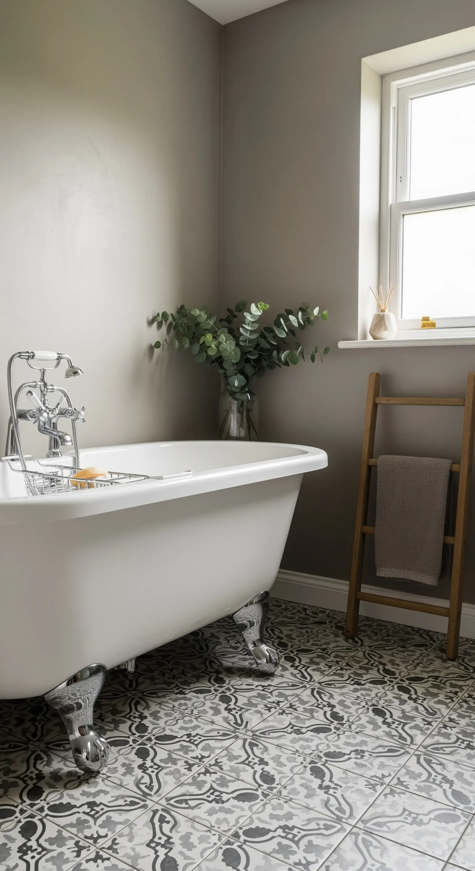 Vasca freestanding classica con piedini cromati su pavimento decorato in stile cementine.