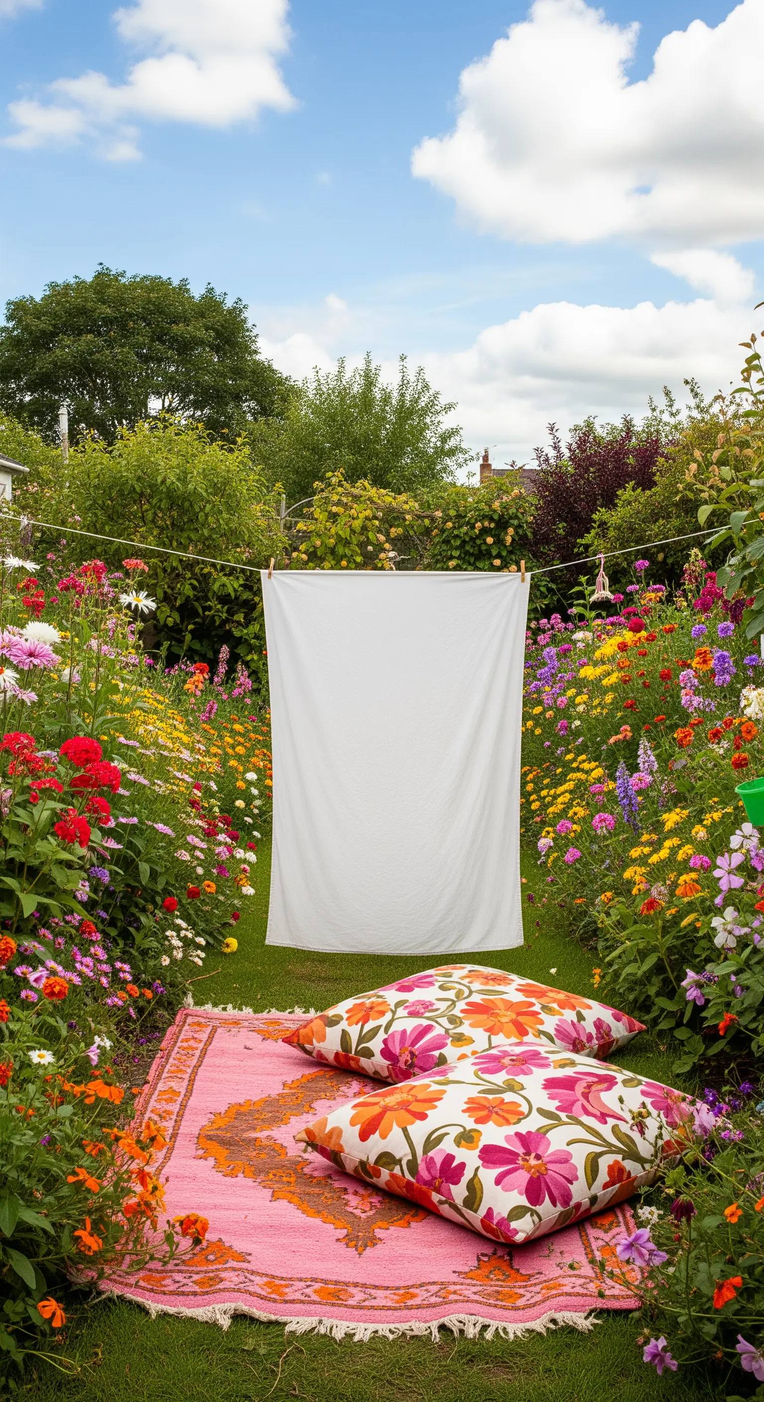 Tappeto rosa e cuscini floreali in un giardino fiorito, con un lenzuolo bianco steso.