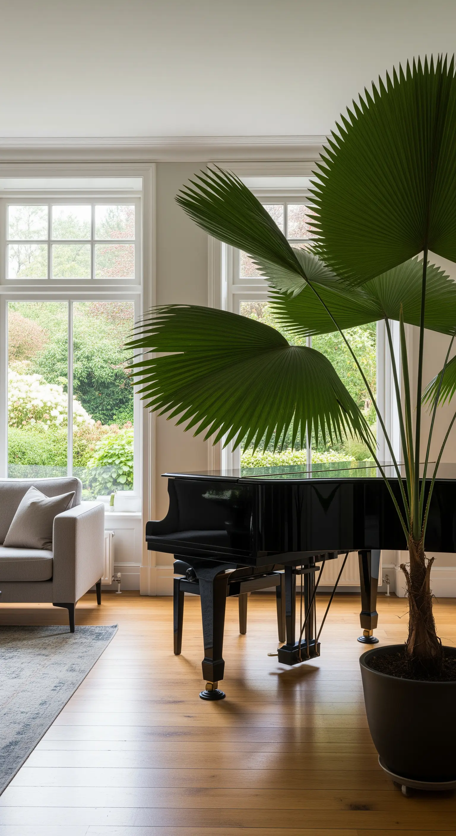 Una palma Licuala con foglie a ventaglio accanto a un pianoforte a coda nero.