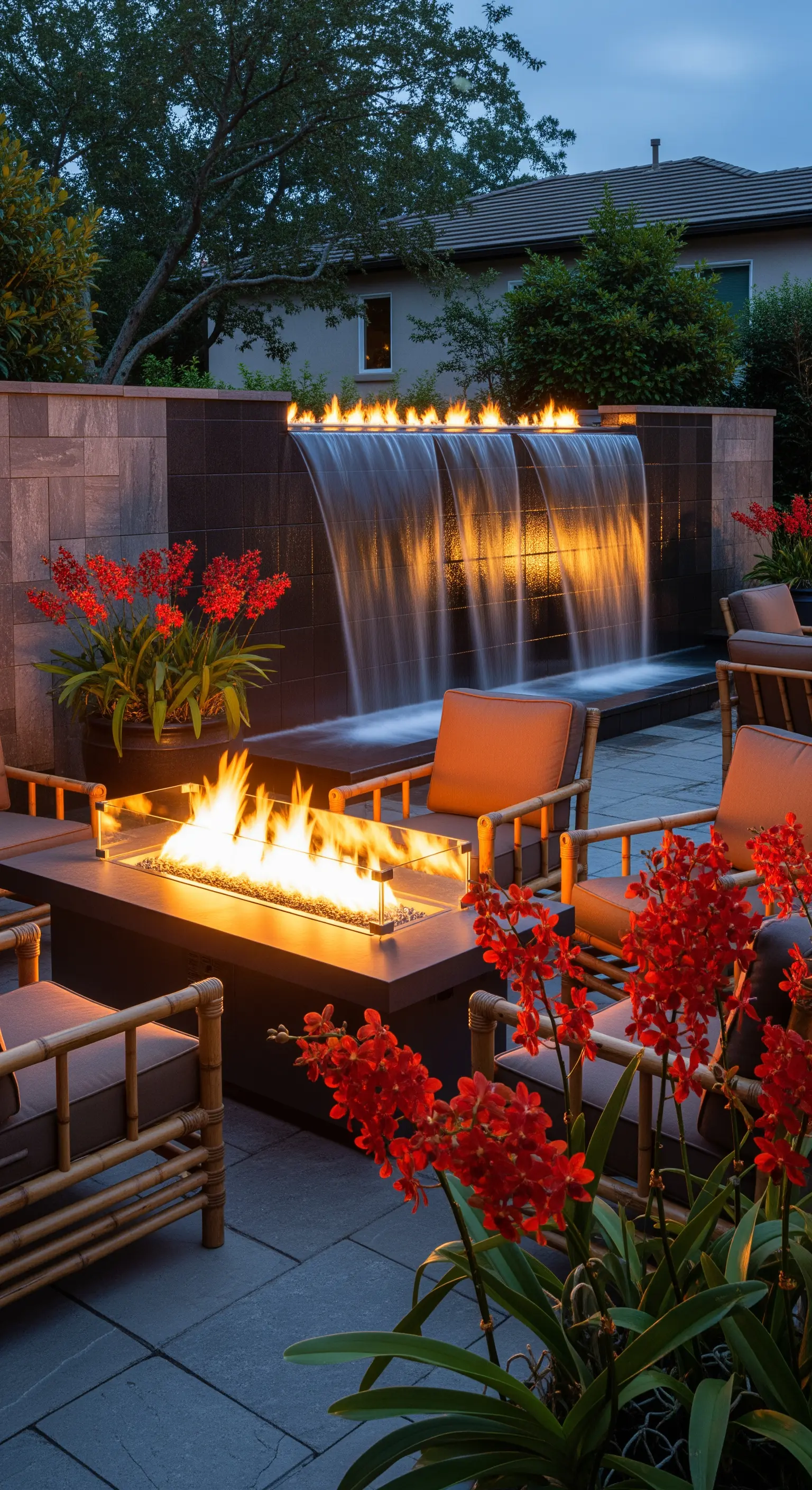 Braciere acceso davanti a una cascata illuminata dal fuoco in un patio serale.