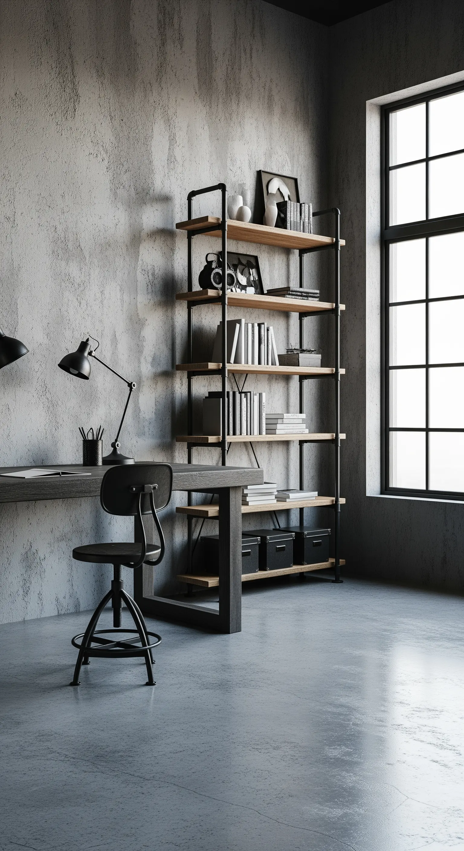 Studio in stile industriale con pareti in cemento, libreria in metallo e legno.