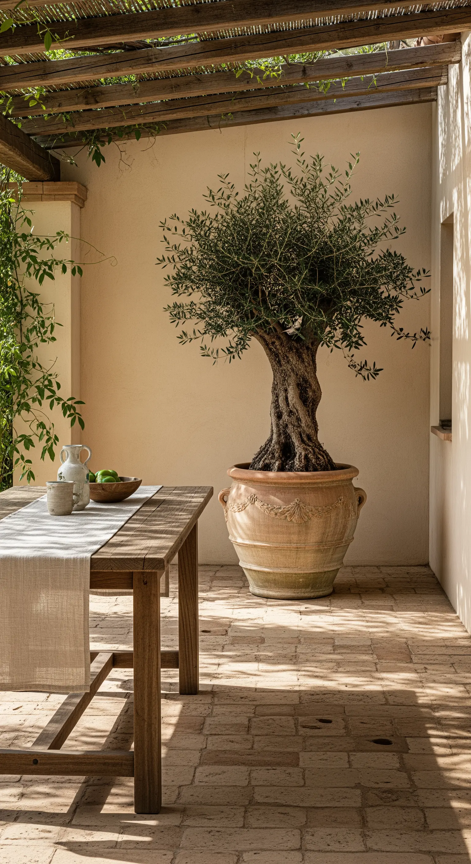 Tavolo rustico in legno accanto a un grande ulivo in un vaso di terracotta decorato.