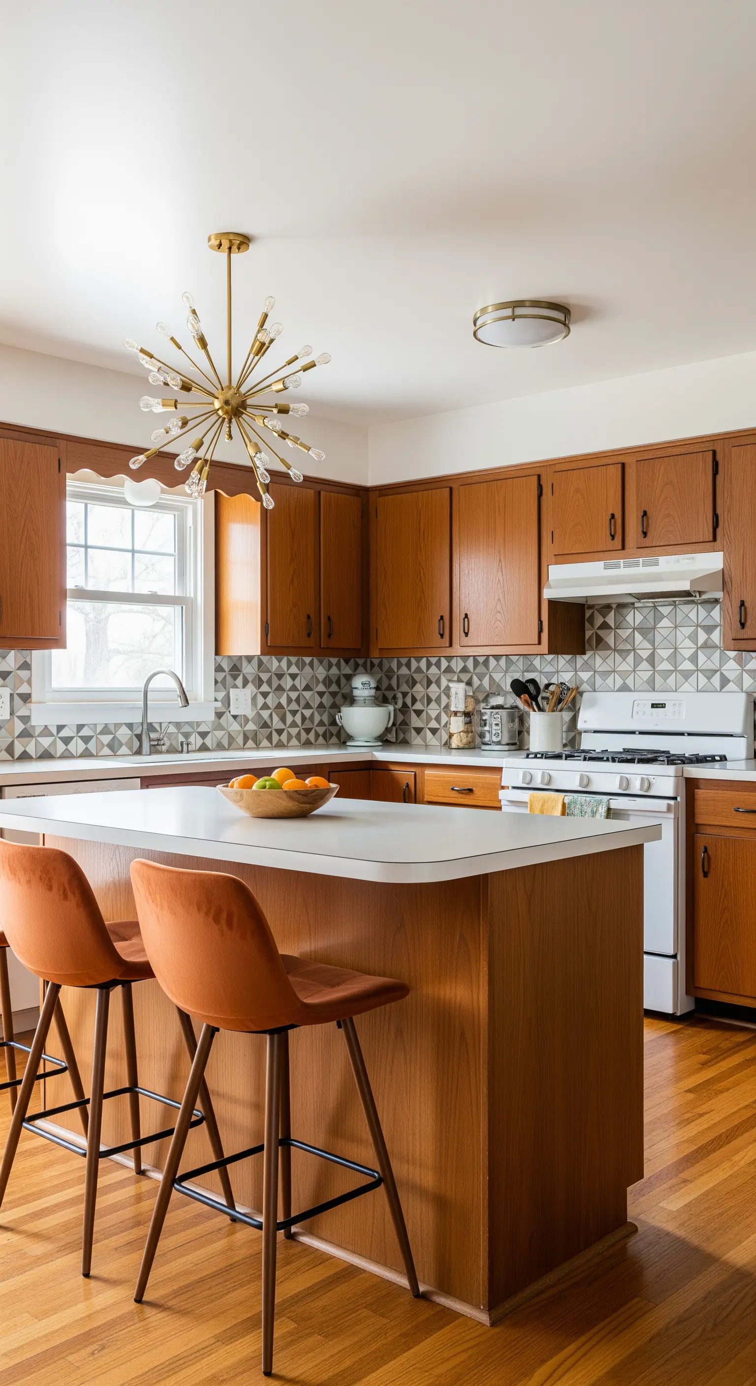 Cucina Mid-Century con mobili in legno, piastrelle geometriche e sgabelli in velluto arancione