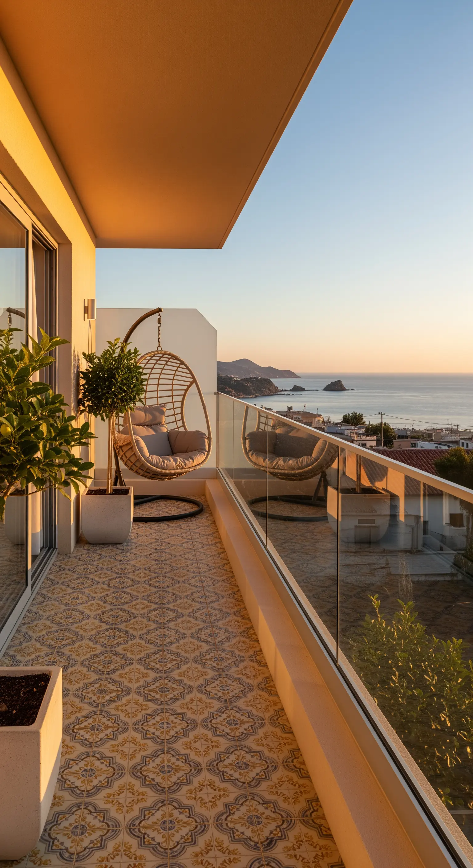 Balcone moderno con pavimento a maioliche, ringhiera in vetro e poltrona sospesa al tramonto.