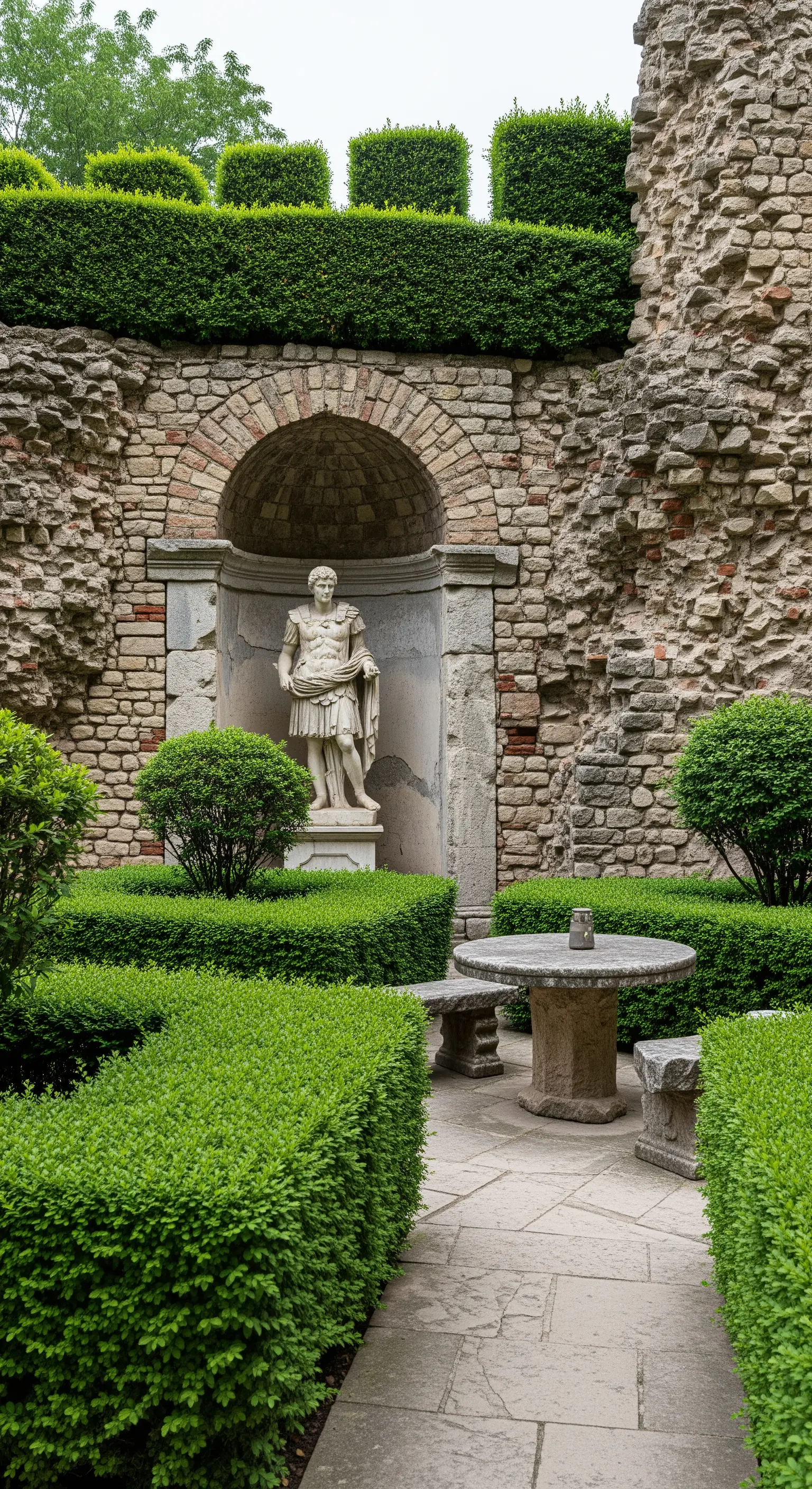 Patio tra antiche rovine di pietra, con statua di un imperatore romano in una nicchia.