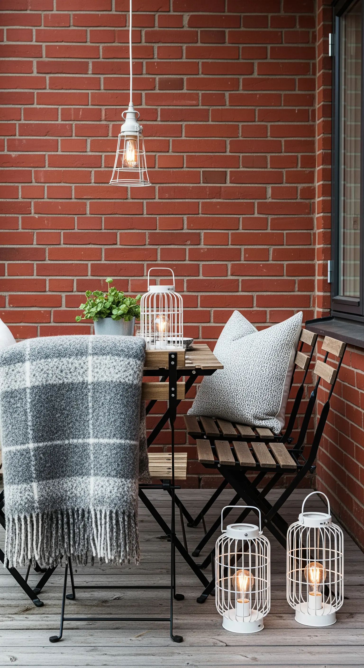 Balcone con parete in mattoni, arredi pieghevoli in legno e metallo e lanterne a gabbia bianche.