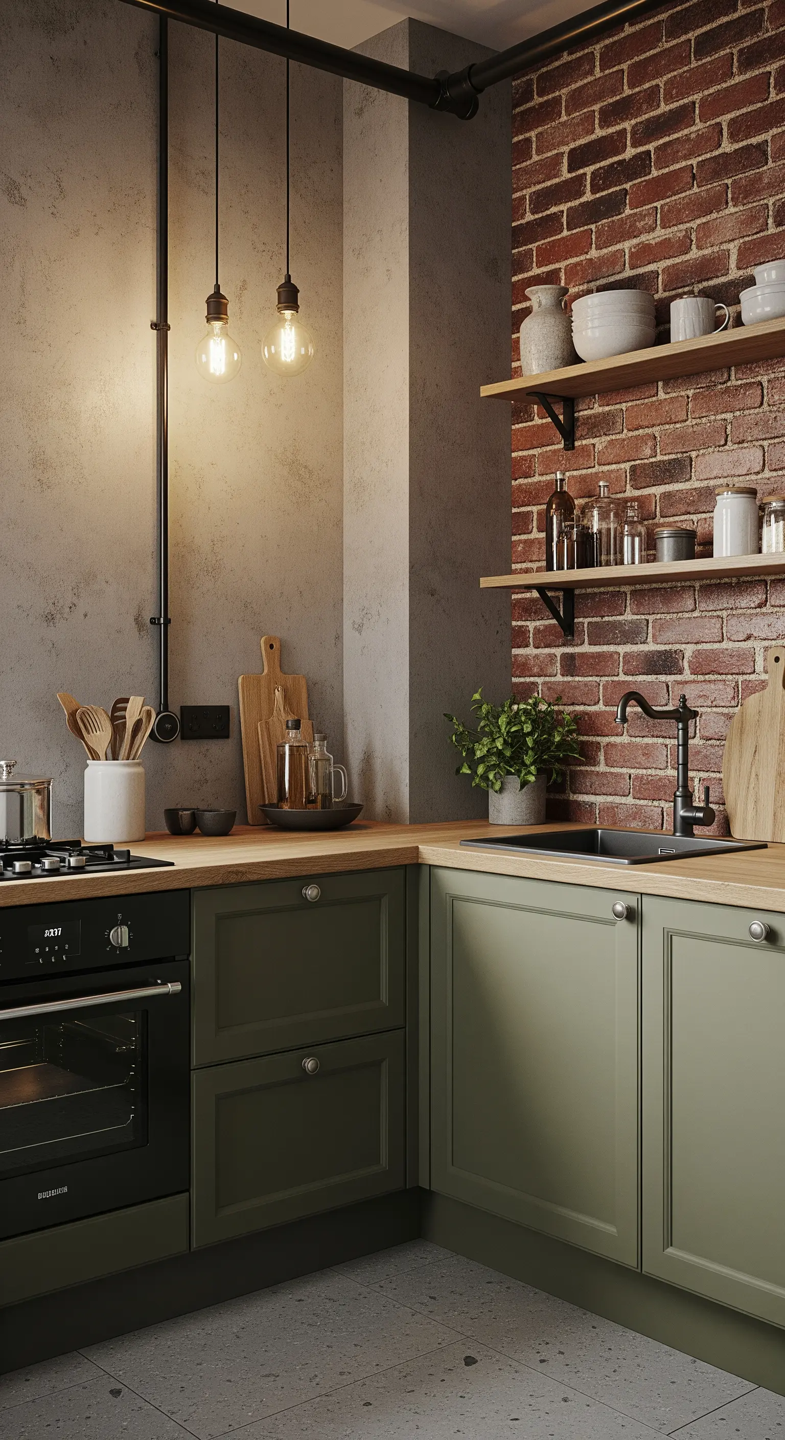 Angolo cucina con mobili verde salvia, parete in mattoni e muro effetto cemento.