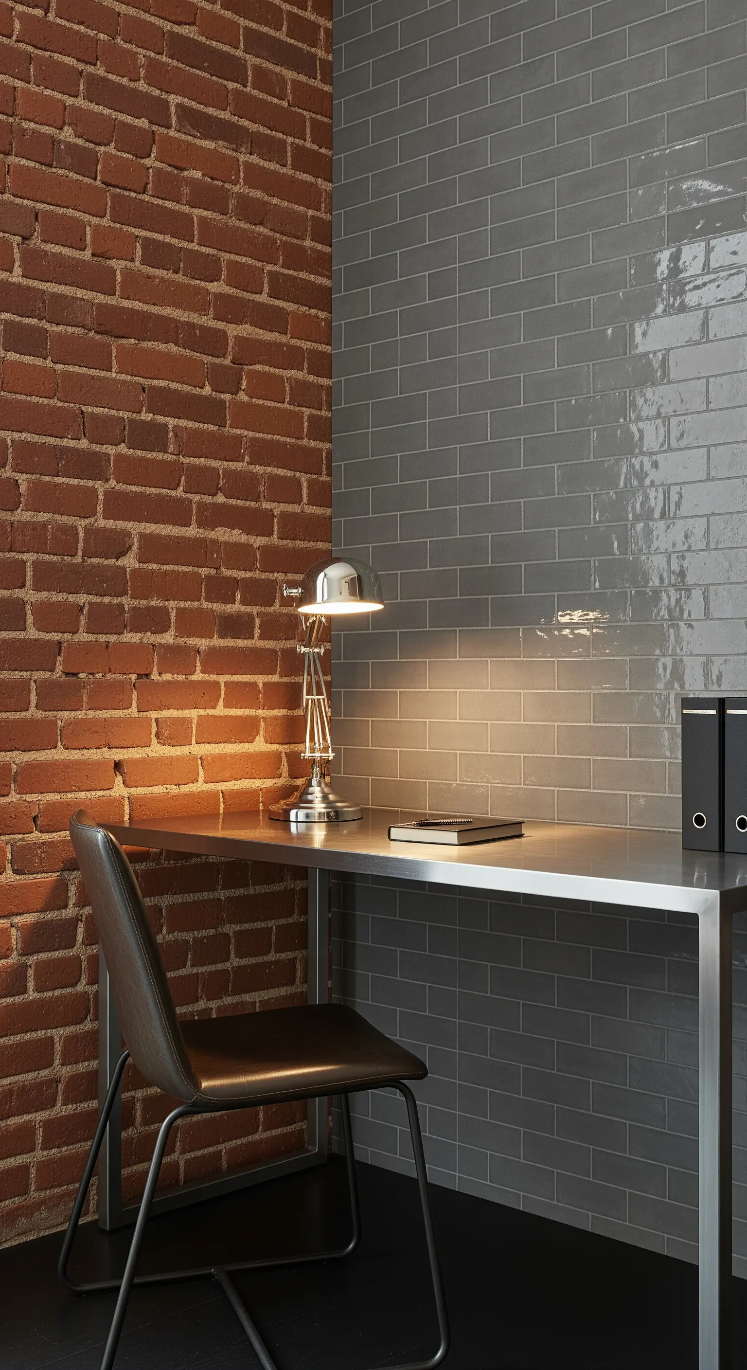Angolo ufficio dove una parete di mattoni incontra una parete di piastrelle grigie lucide.