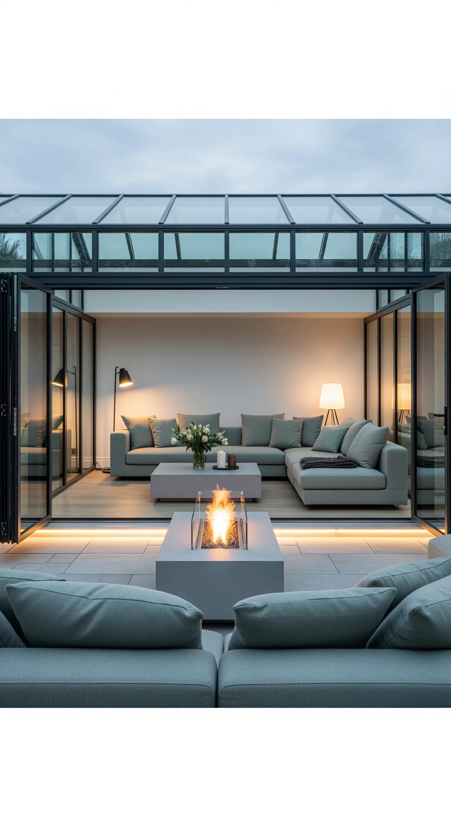 Terrazza moderna che si apre su un salotto, con divani coordinati e un braciere centrale.